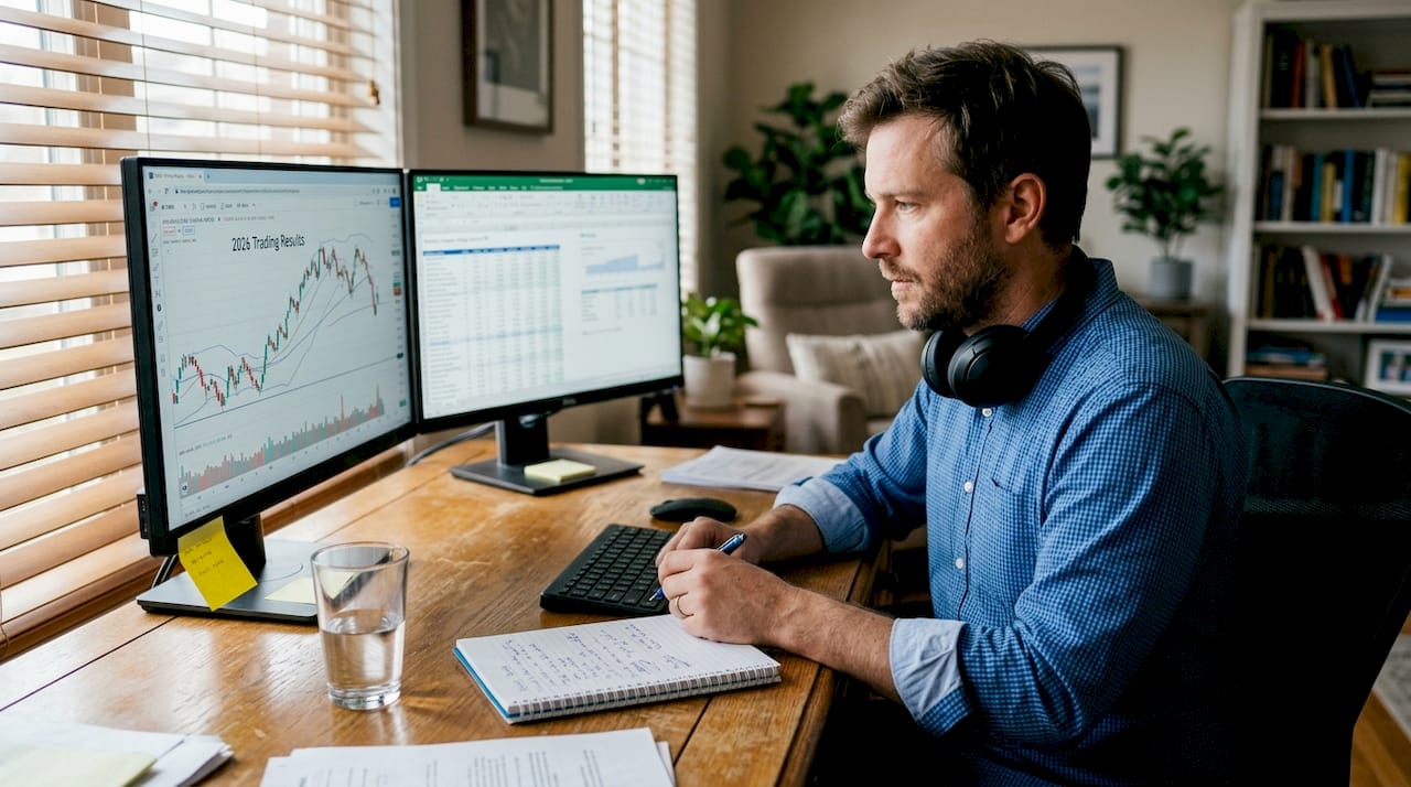 Trader analyzing results in sunlit home office