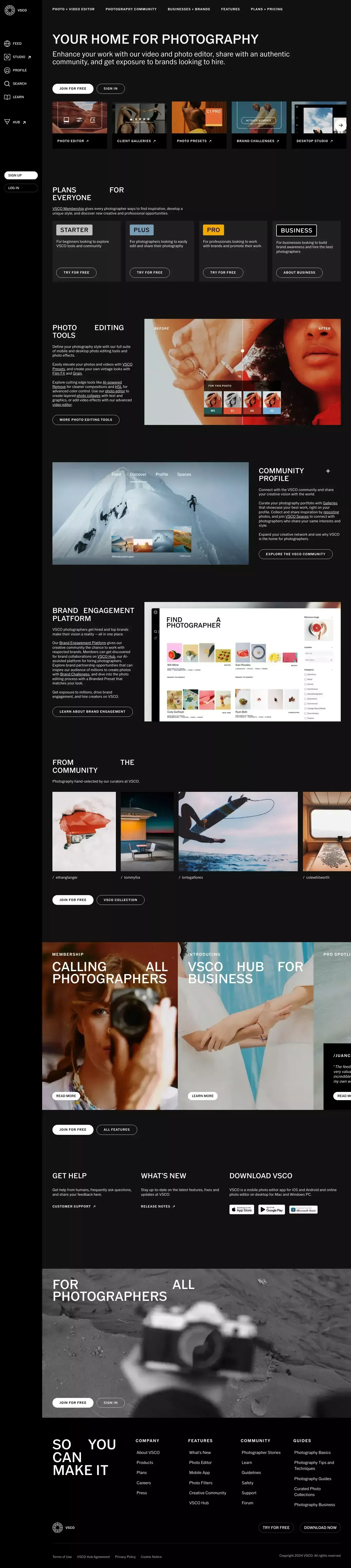 VSCO Photo Editor & Video Editor - Deskt portfolio page screenshot showcasing Photography and Design design