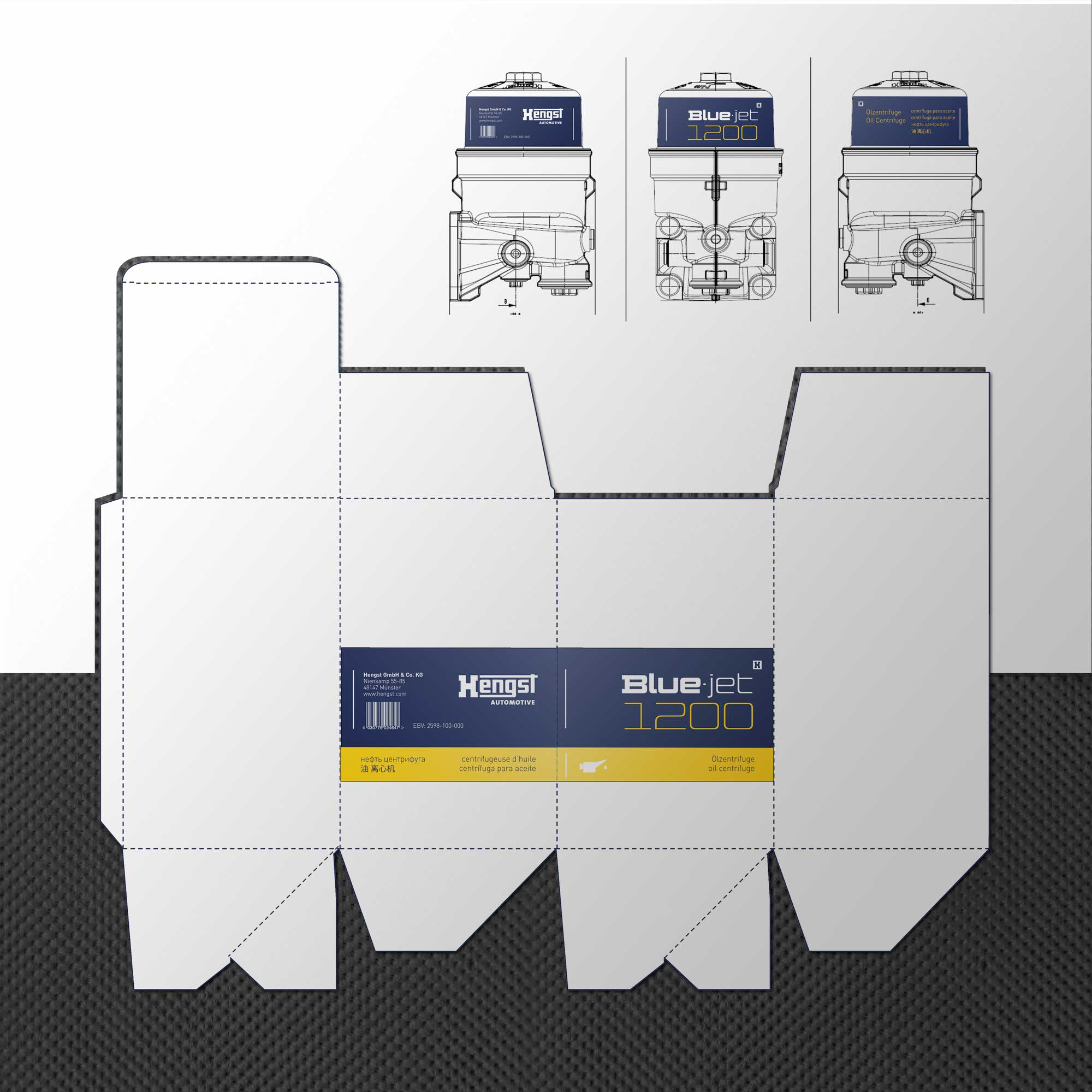 Verpackungsdesign der BLUE·JET Produktlinie – markant im Regal und Versand