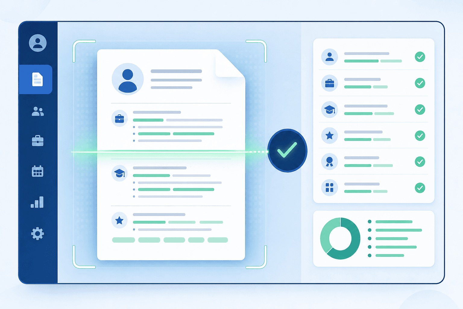 A modern, clean illustration showing an applicant tracking system (ATS) scanning and parsing a resume document. Show a digital interface with a resume being analyzed, highlighted keywords being detected, and visual indicators of successful parsing. Use a professional color scheme with blues and greens, minimalist style, no text or letters visible on the resume or interface.
