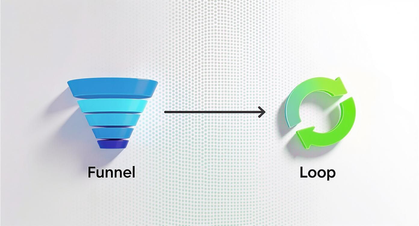 Afbeelding toont een blauwe trechter die met een pijl overgaat in een groene lus, met de tekst 'Funnel' en 'Loop'.