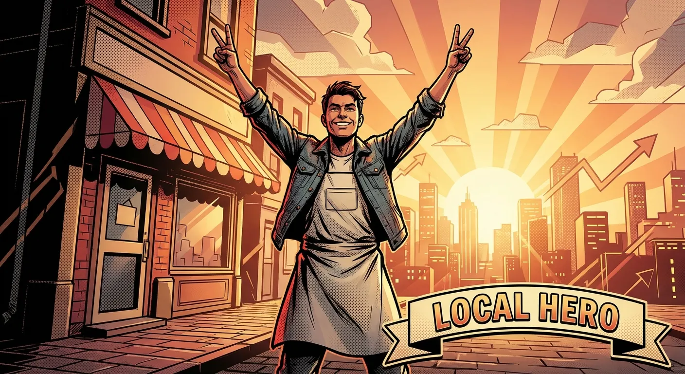 Illustrated man with raised arms, "Local Hero," sunset cityscape; RockN' Socials.