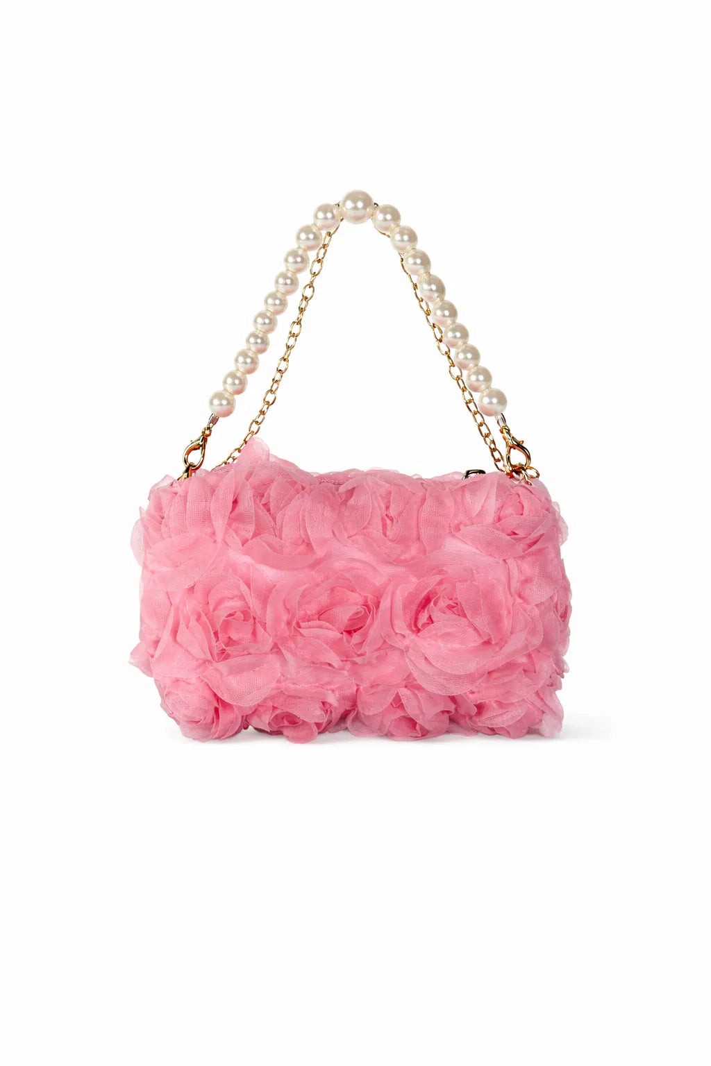 Pink floral handbag with a gold chain on a white background