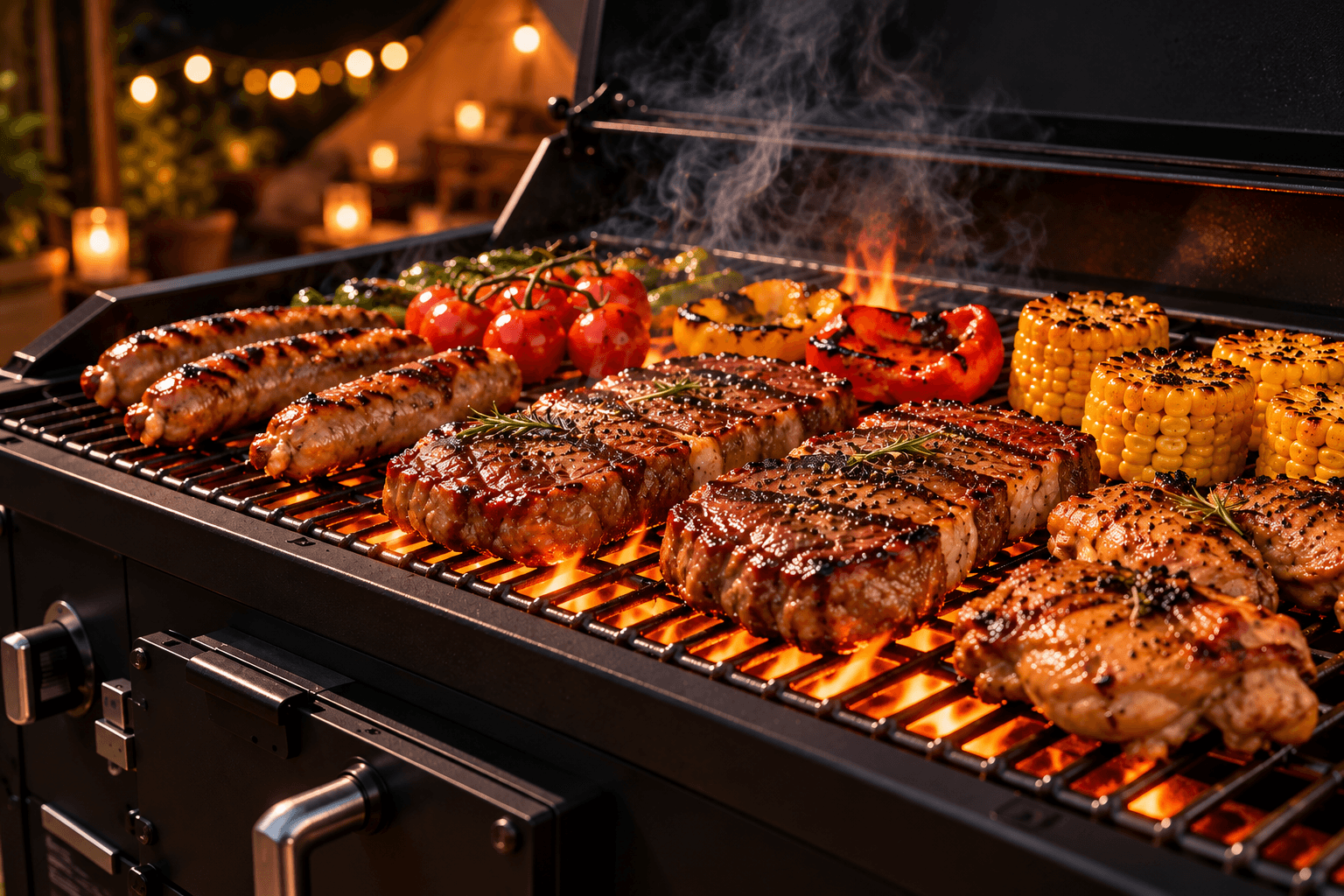 大人数に対応するバーベキューコンロで肉と野菜を焼く様子