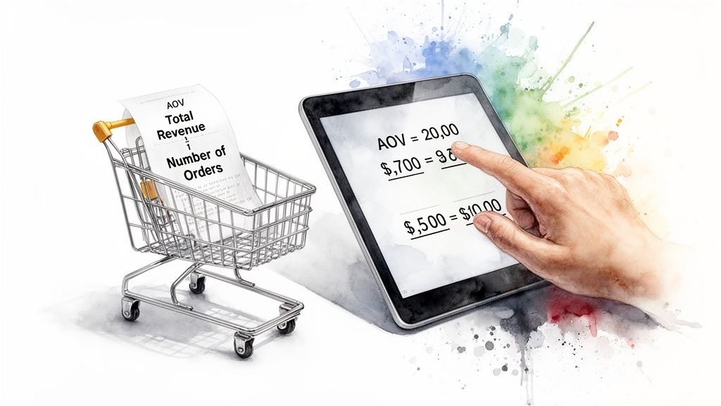 A shopping cart with AOV formula on a receipt and a hand interacting with a tablet displaying calculations.