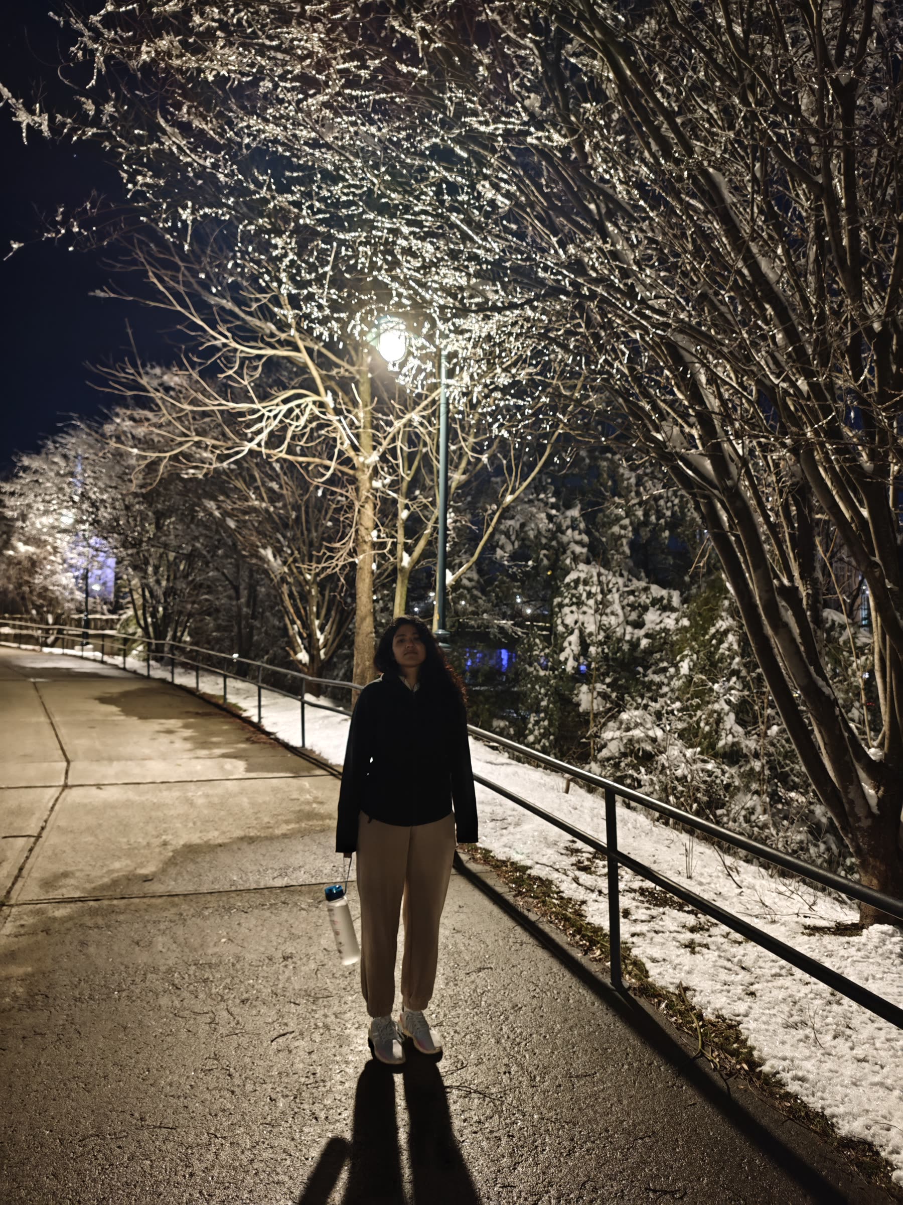 A friend on a snowy path at night