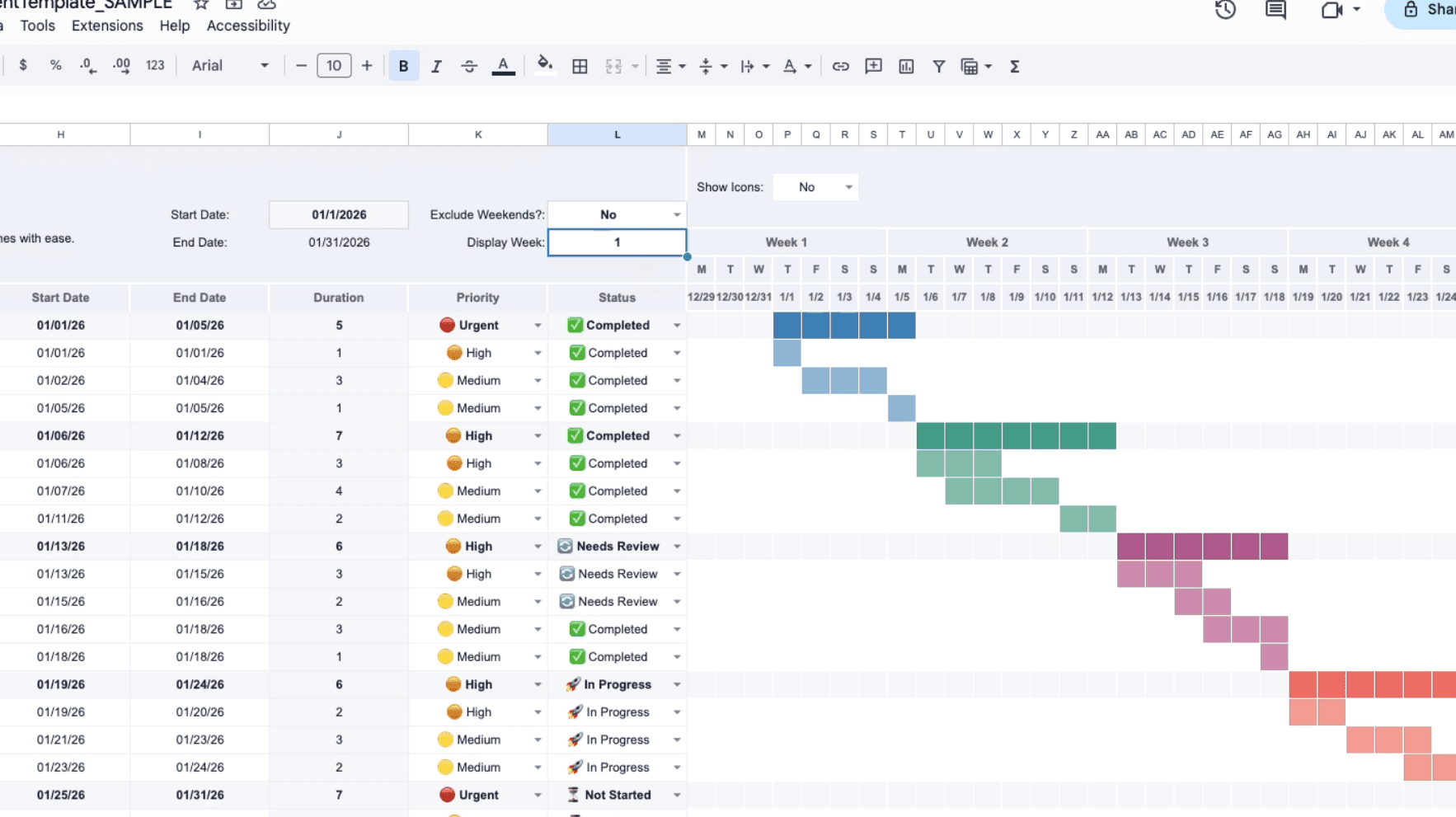 Project management Gantt chart close-up in Google Sheets – detailed timeline bars with priority icons, status dropdowns, week display options, and progress visualization