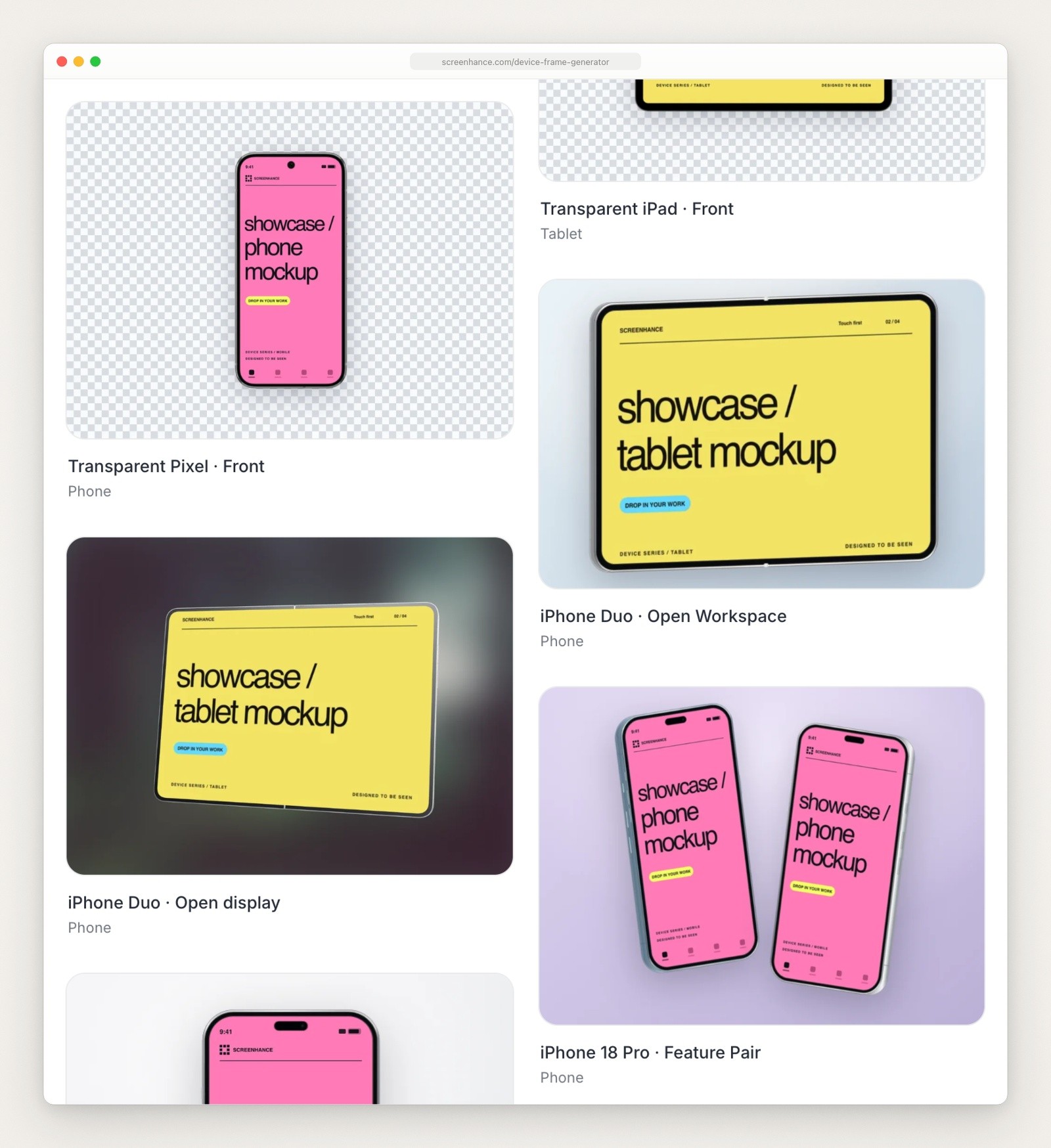 Screenhance device frame templates, each with its label: Transparent Pixel, Transparent iPad, iPhone Duo with Open display and Open Workspace, and iPhone 18 Pro with Feature Pair