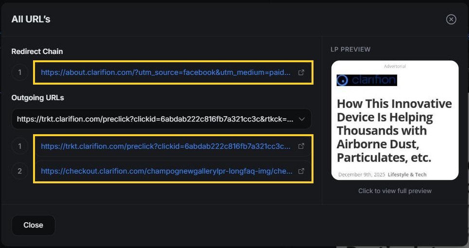 Clarifion's funnel in AdPlexity Social: the ad lands straight on its pre-sell page on about.clarifion.com, and the outgoing link runs through Redtrack on trkt.clarifion.com to checkout