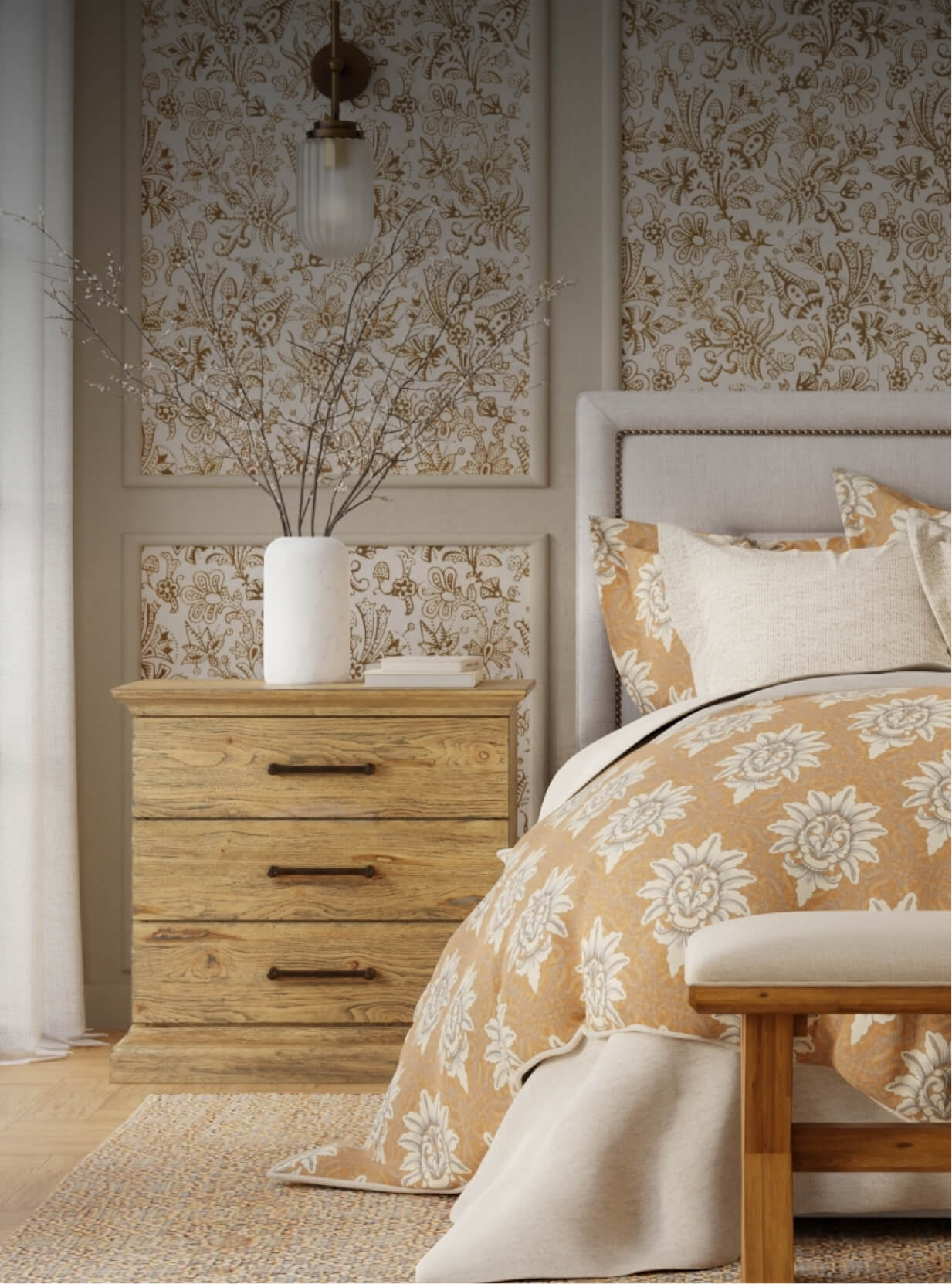 Bedroom collection including side table, bench, and bed