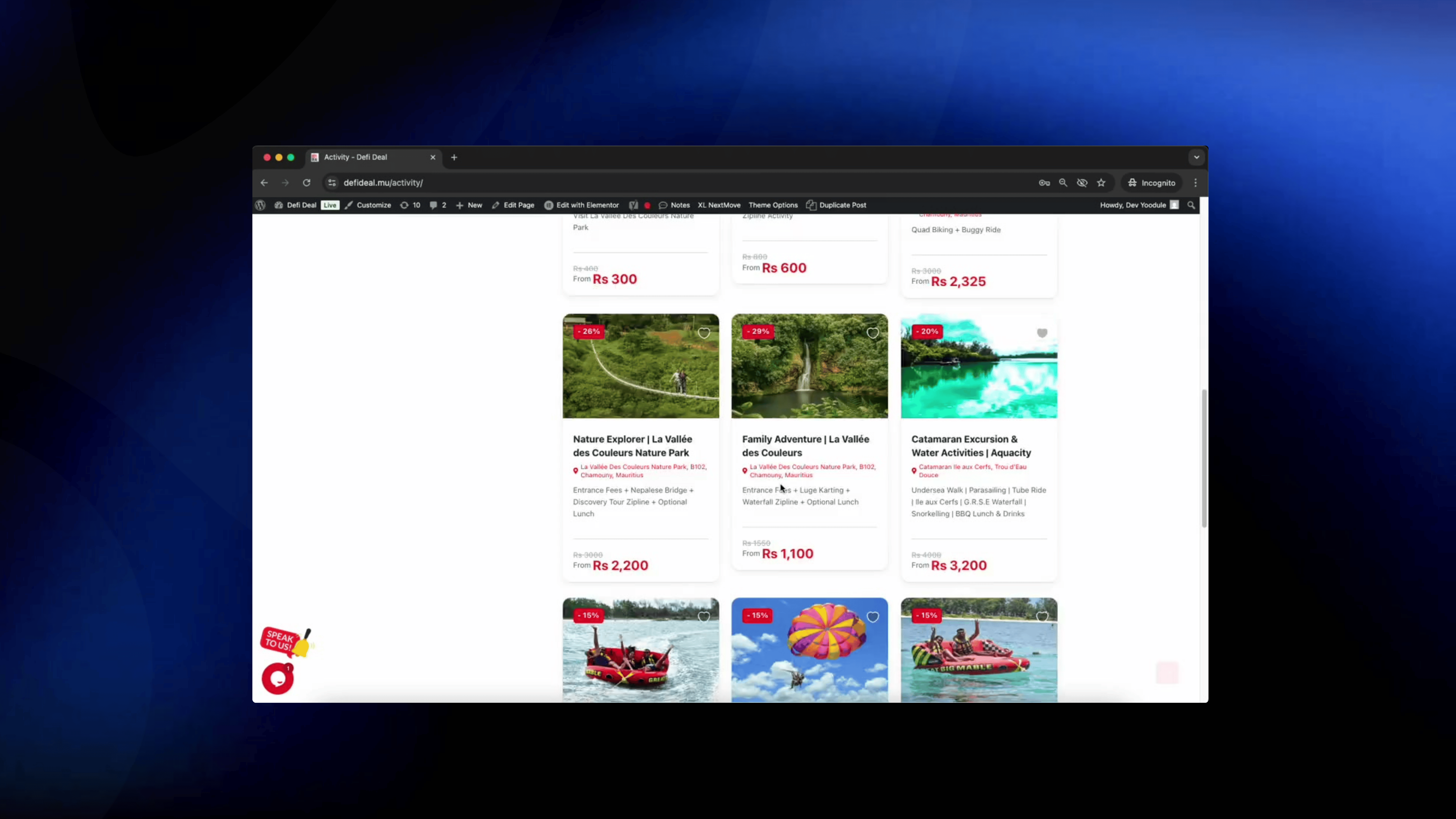 The site was made mobile-first and tested across multiple breakpoints.
Frontend components built to work with Elementor
Deal types shown dynamically on homepage with real-time filters
Fully mobile-compatible calendar, cart, booking form, and reward system
Custom Elementor widget logic added to allow drag-and-drop deal placements
 