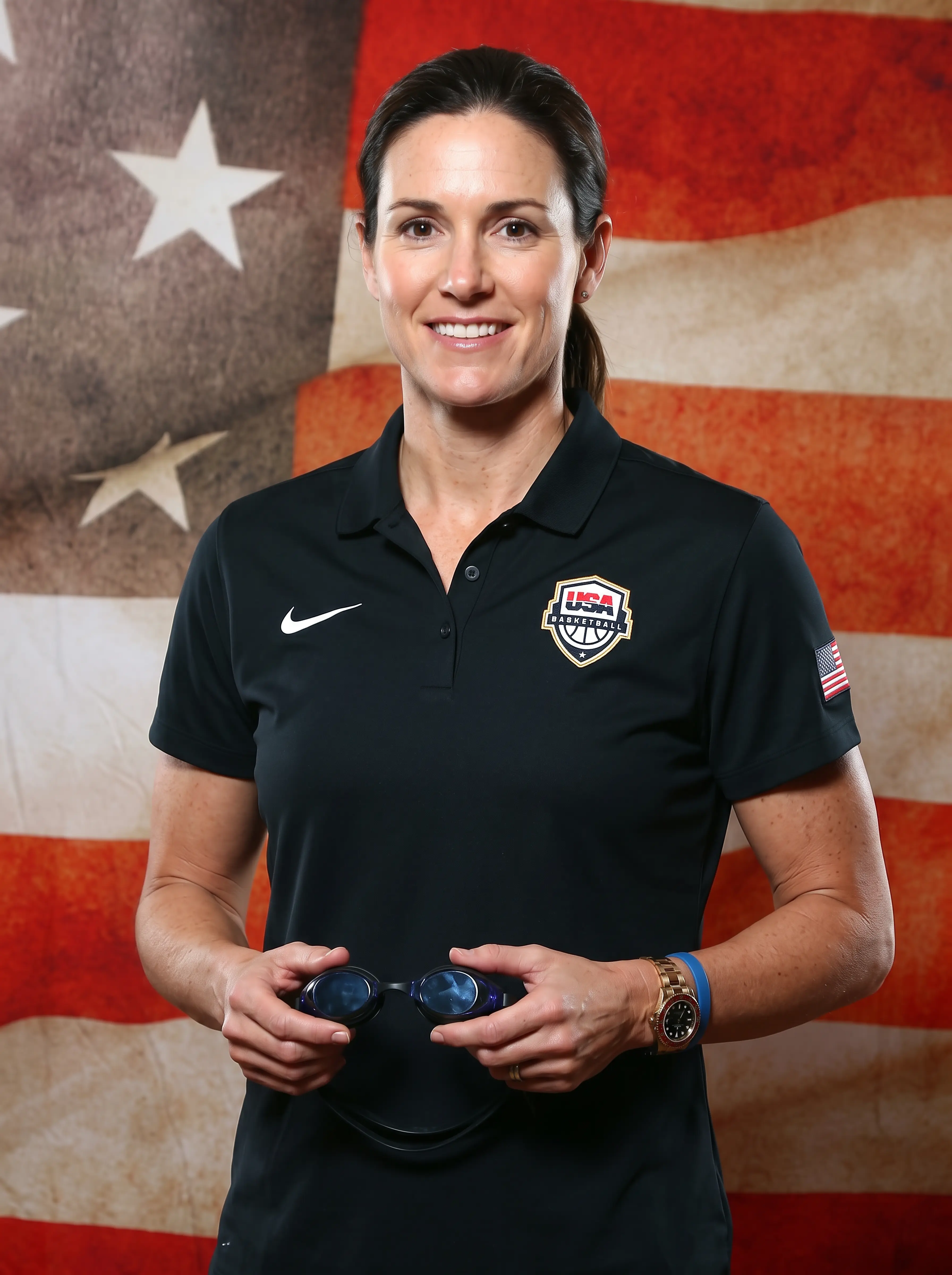 Portrait photo of a sports coach infront of USA Flag