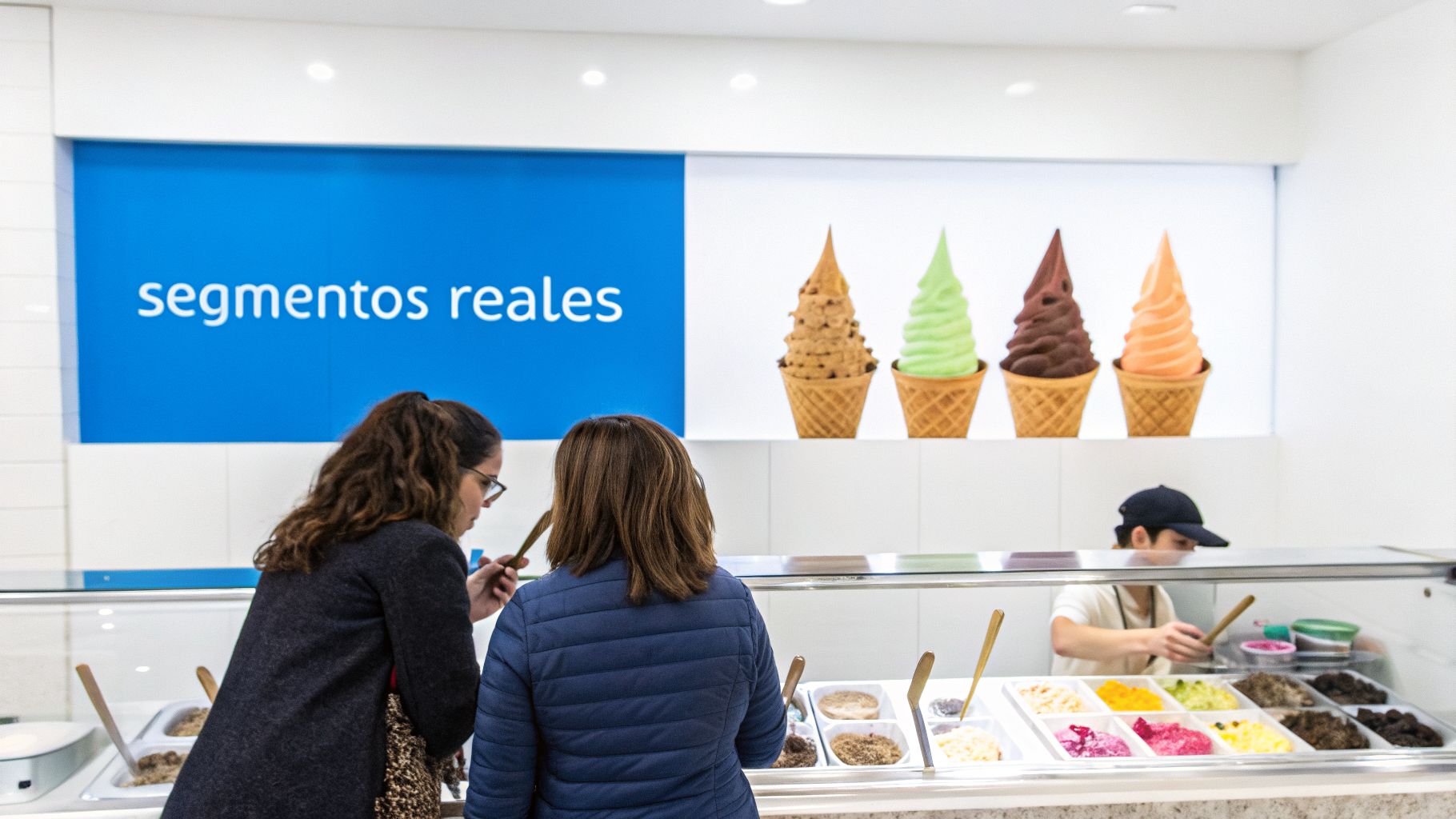 Dos mujeres eligen toppings en una heladería moderna con grandes conos de helado en exhibición.