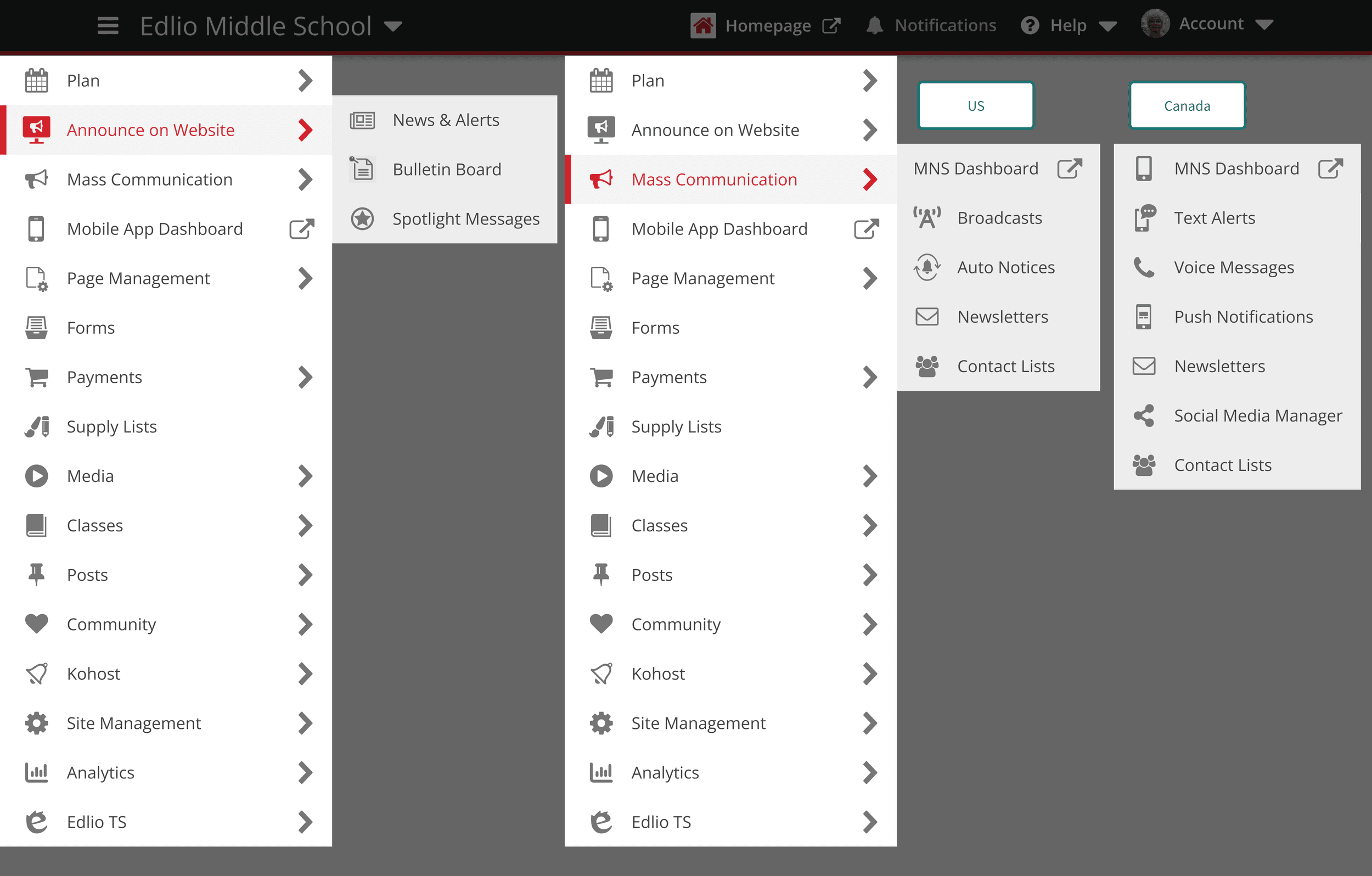 different menu choices for US and Canada