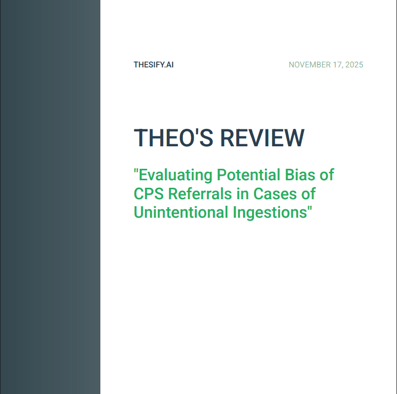 Cover page of a thesify downloadable feedback report titled ‘Theo’s Review’ for a manuscript on CPS referral bias, dated November 17, 2025