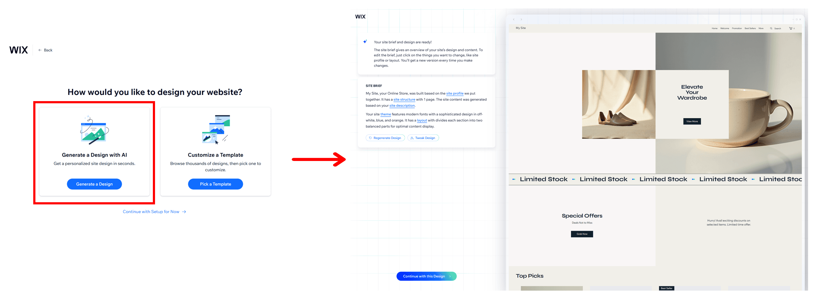 With Wix’s AI-powered site creation, users can quickly build a tailored website by entering basic store details, then further refine the design as needed.