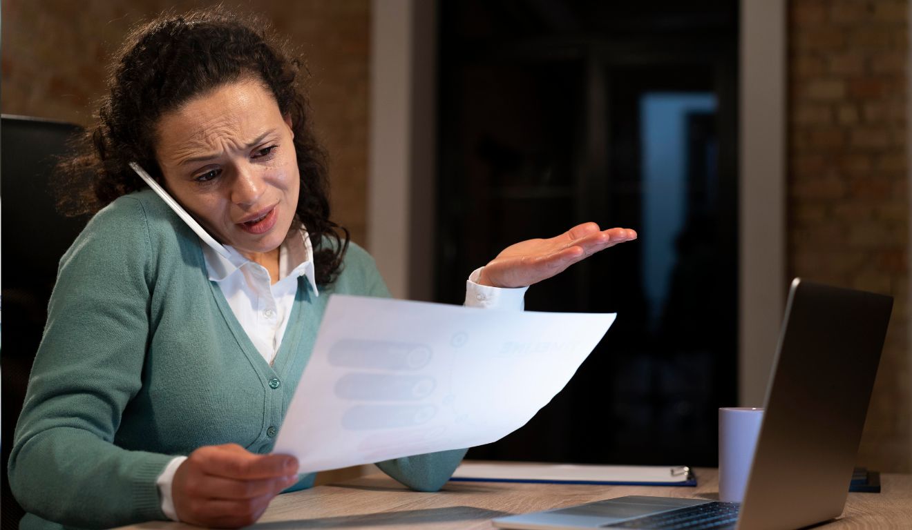 Imagem mostra mulher vendo multas por atraso com celular na orelha
