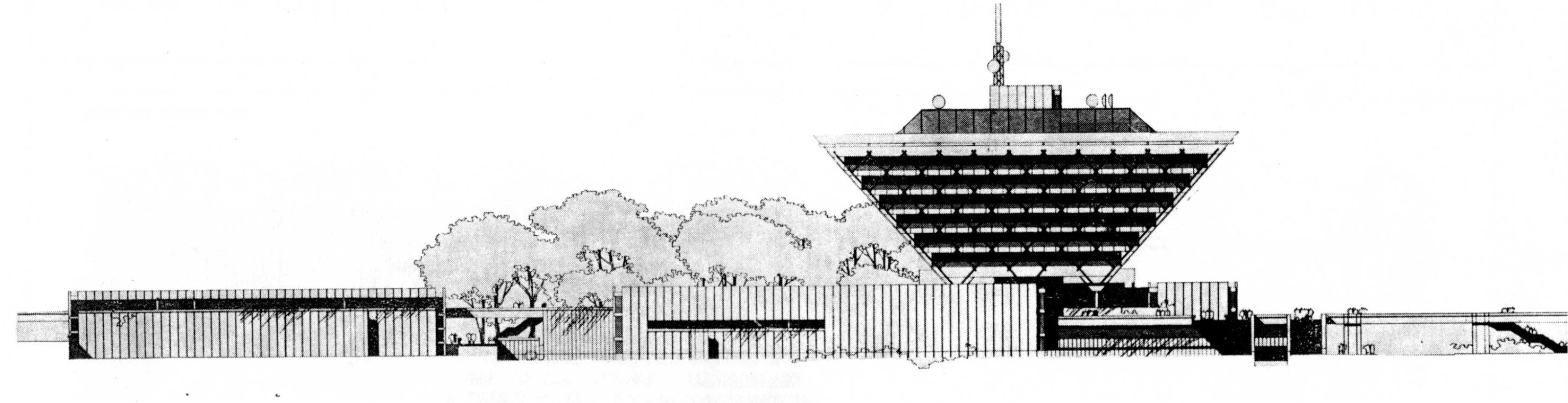 Archival architectural drawing of the inverted pyramid building of Slovak Radio in Bratislava
