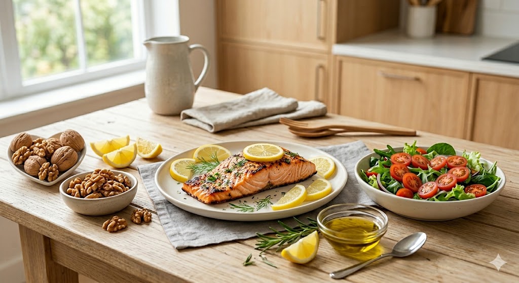 A top-down comparison photo of heart-friendly foods: grilled salmon with dill and lemon on a plate, next to bowls of leafy green salad, whole walnuts, and healthy olive oil on a wooden table.