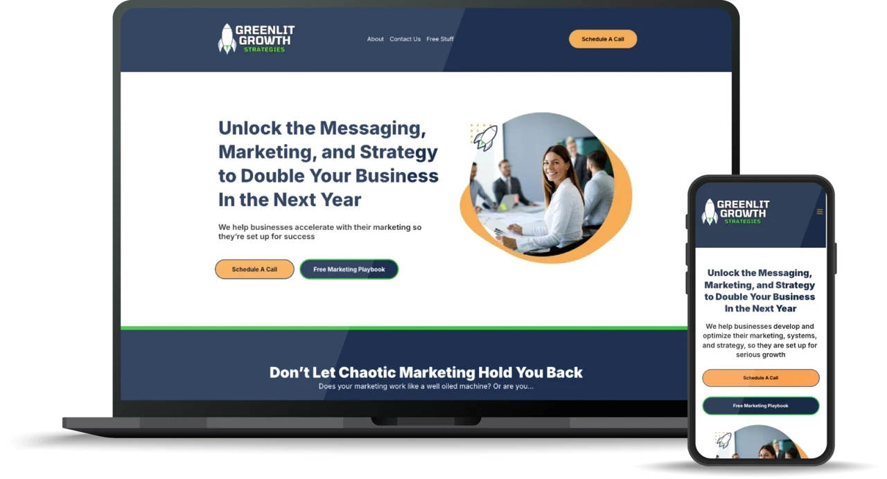 A laptop and smartphone display a marketing website with a woman promoting business growth strategies.