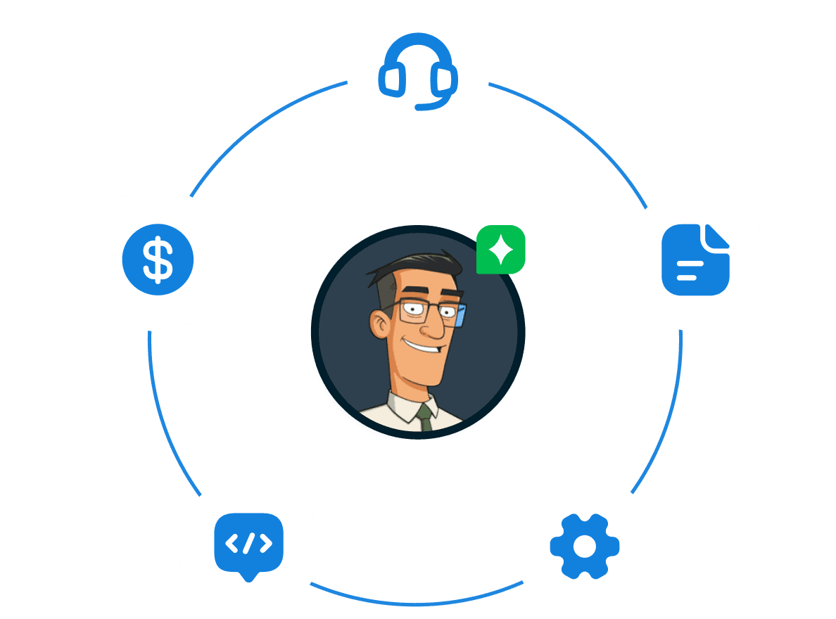 Illustration of a AskBob Agent surrounded by connected icons (finance, support, code, settings), representing cross-team collaboration.