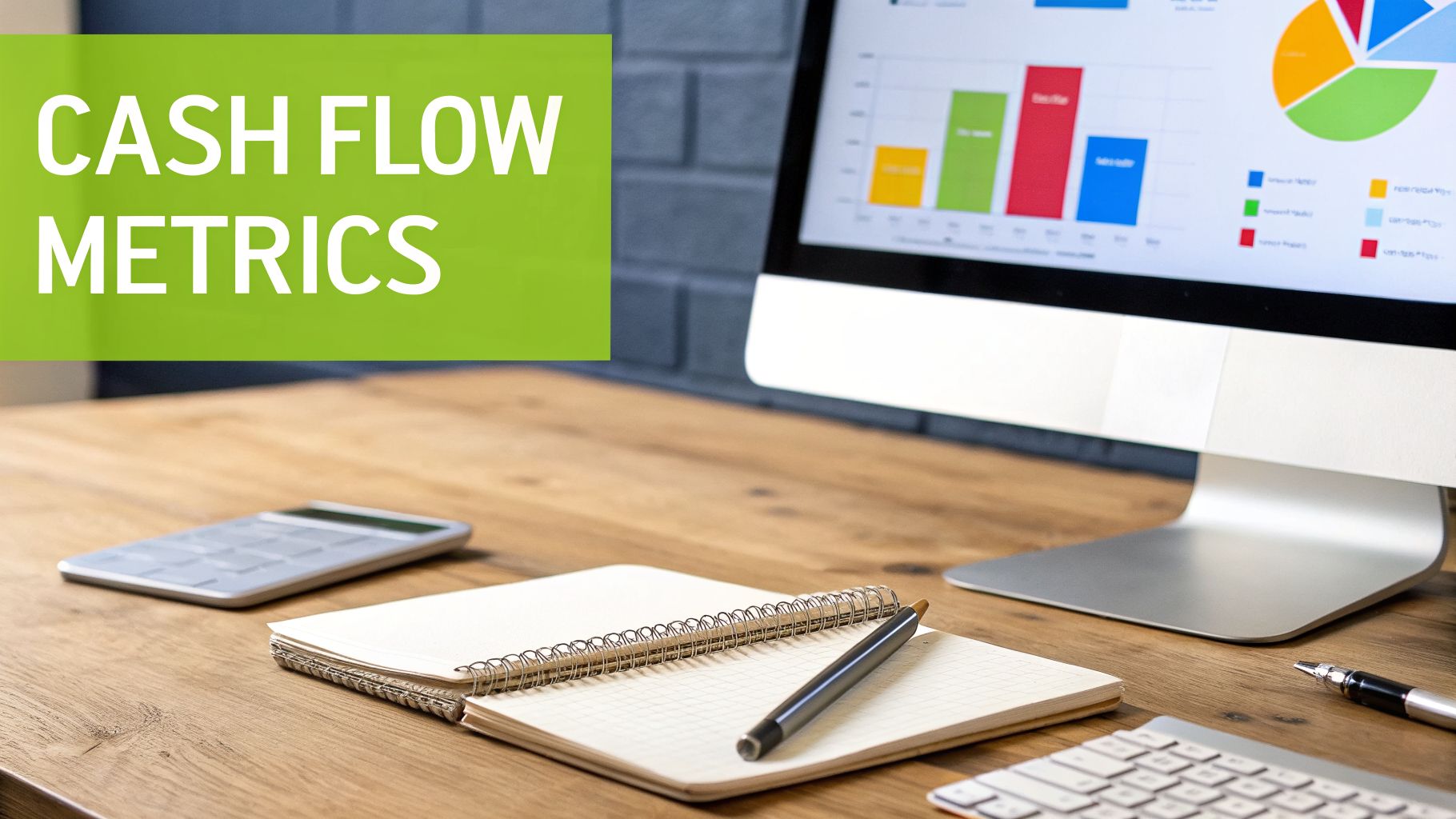 A desk with a computer displaying cash flow metrics, charts, a calculator, and a notebook.