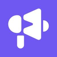 Logo with a purple background featuring a stylized megaphone and sound waves.
