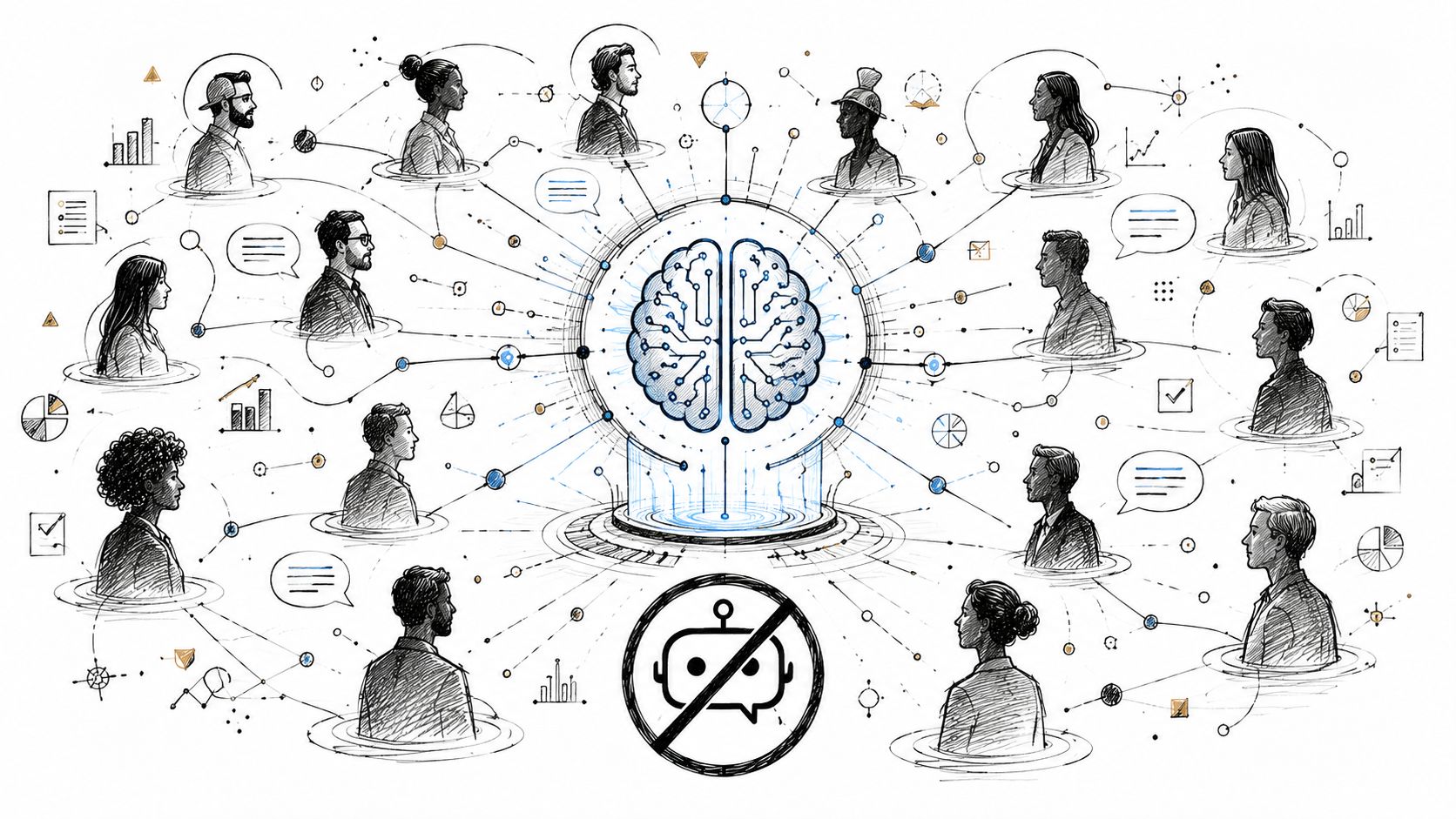 A digital illustration showing a central artificial intelligence brain connected to multiple diverse professionals in a network.