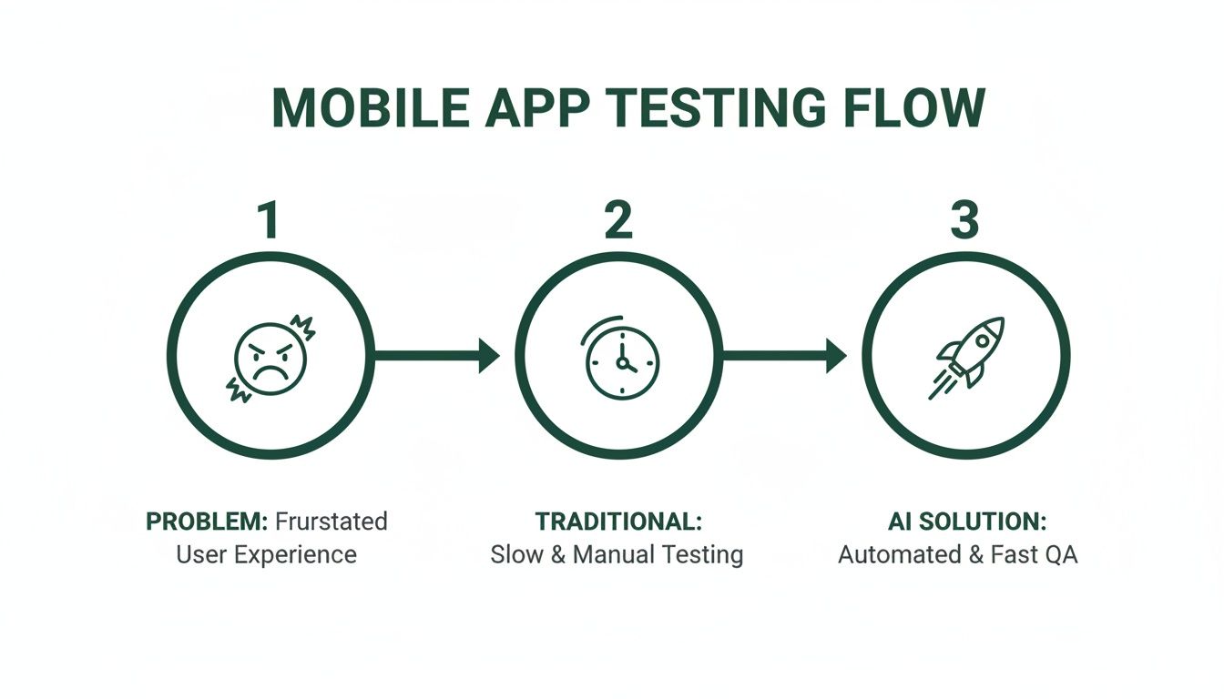 Flowchart showing mobile app testing evolution: from frustrated users and slow manual testing to fast AI automation.