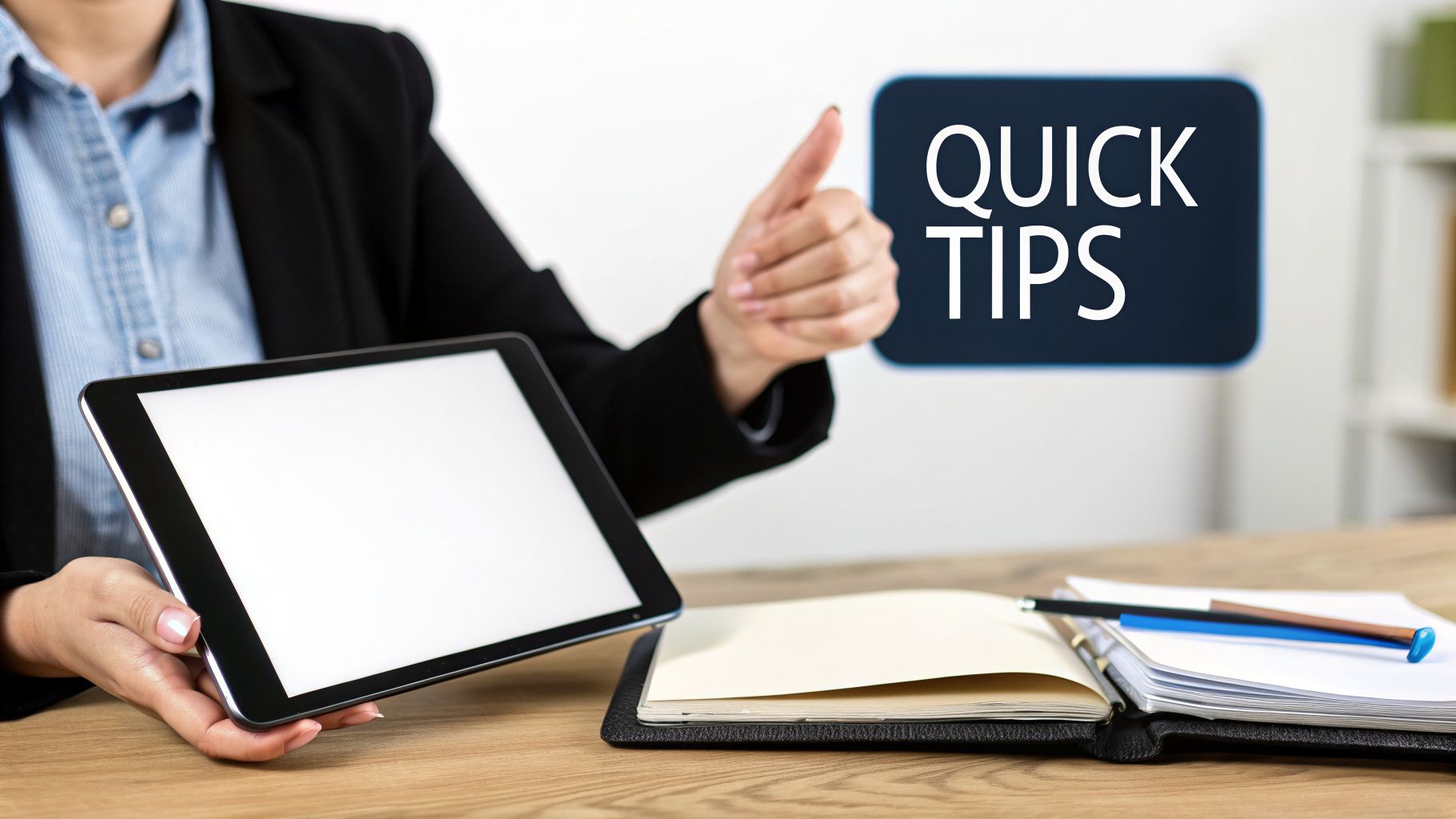 A person gives a thumbs-up gesture while holding a tablet next to a 'QUICK TIPS' sign.