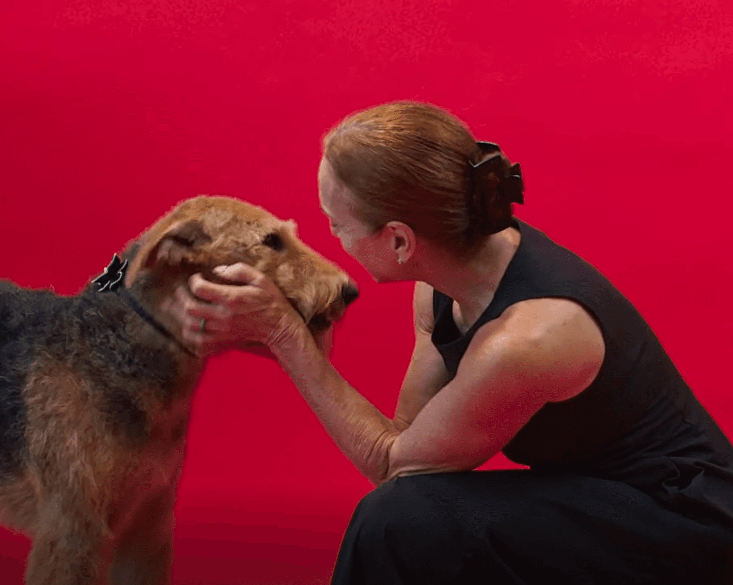 Portrait of a woman hugging her large groomed dog to convey warmth, trust, and happiness after a grooming session.