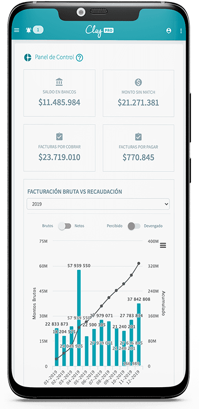 Celular mostrando conciliación bancaria automática desde tu software de contabilidad.