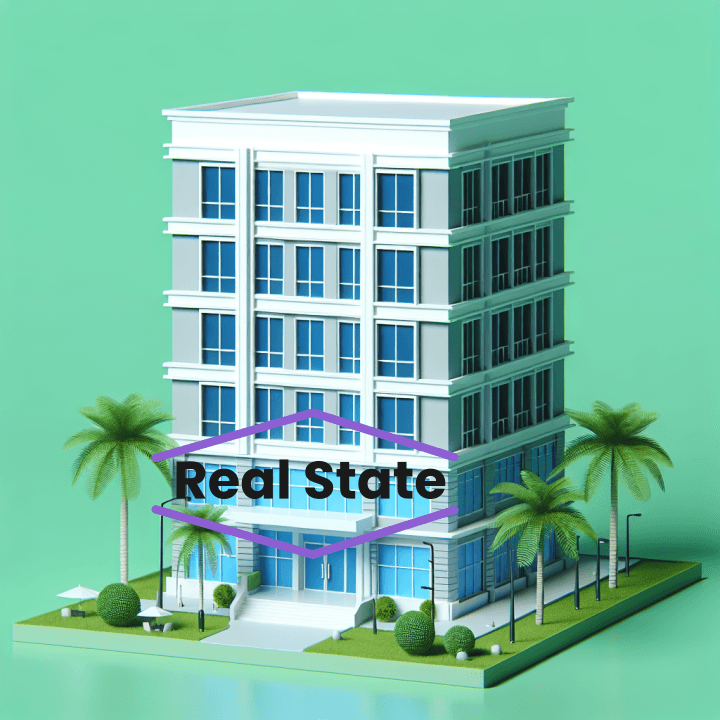 A 3d building with a logo that says “Real state”