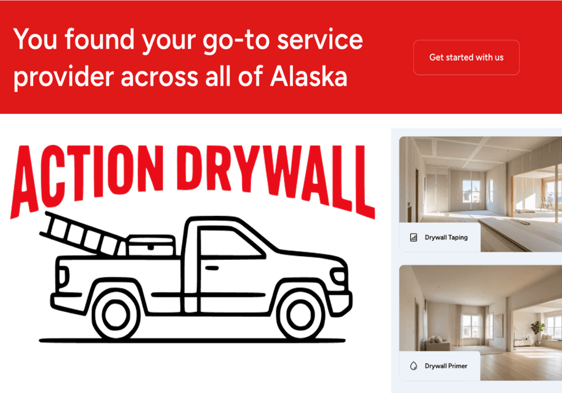 Action Drywall Inc. in Alaska website preview with logo of line art truck and before and after drywall photos of a livingroom