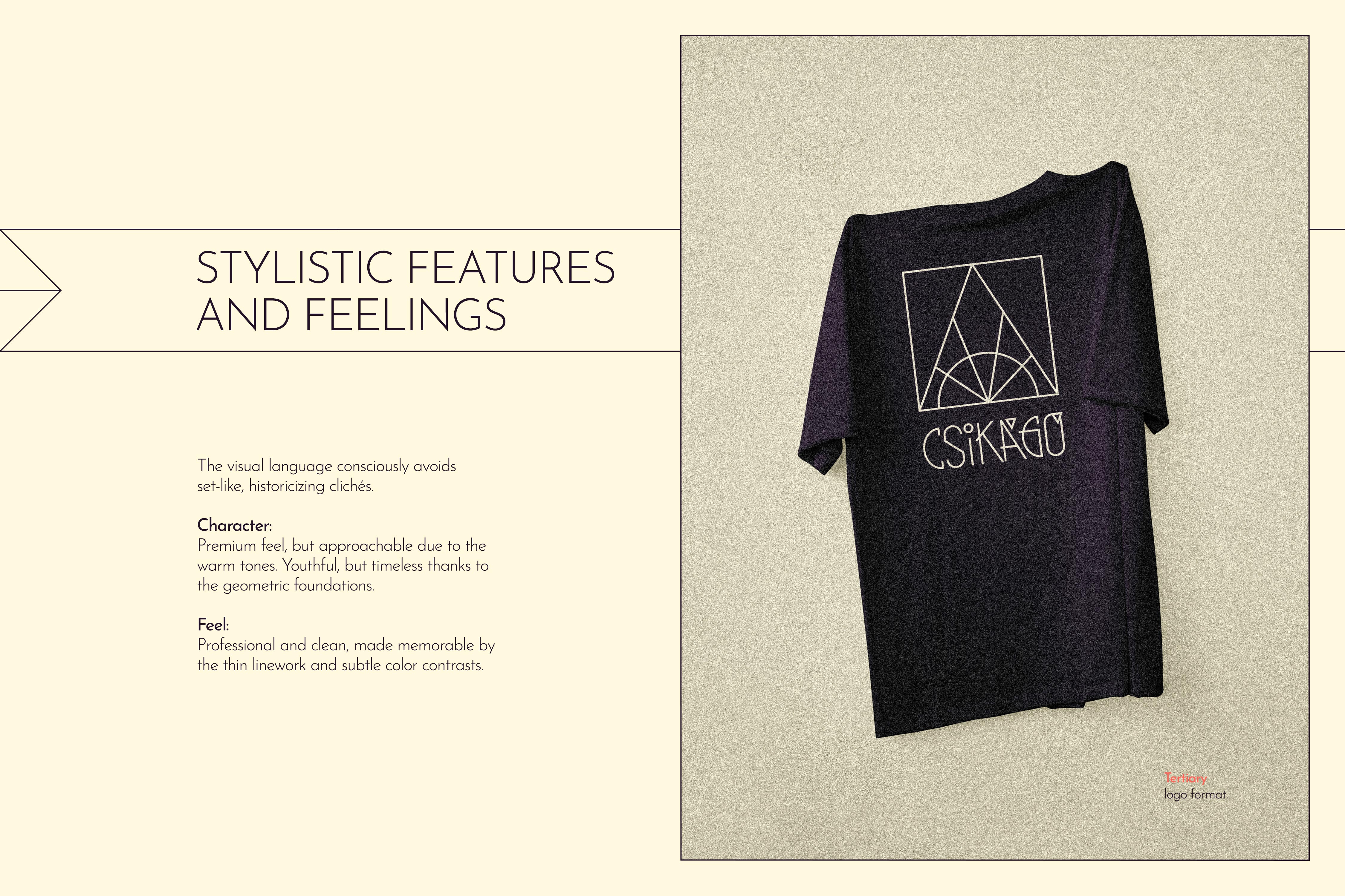 Stylistic features slide displaying the tertiary logo format printed on the back of a dark blackberry purple t-shirt - Csikágó, a community space brand identity.