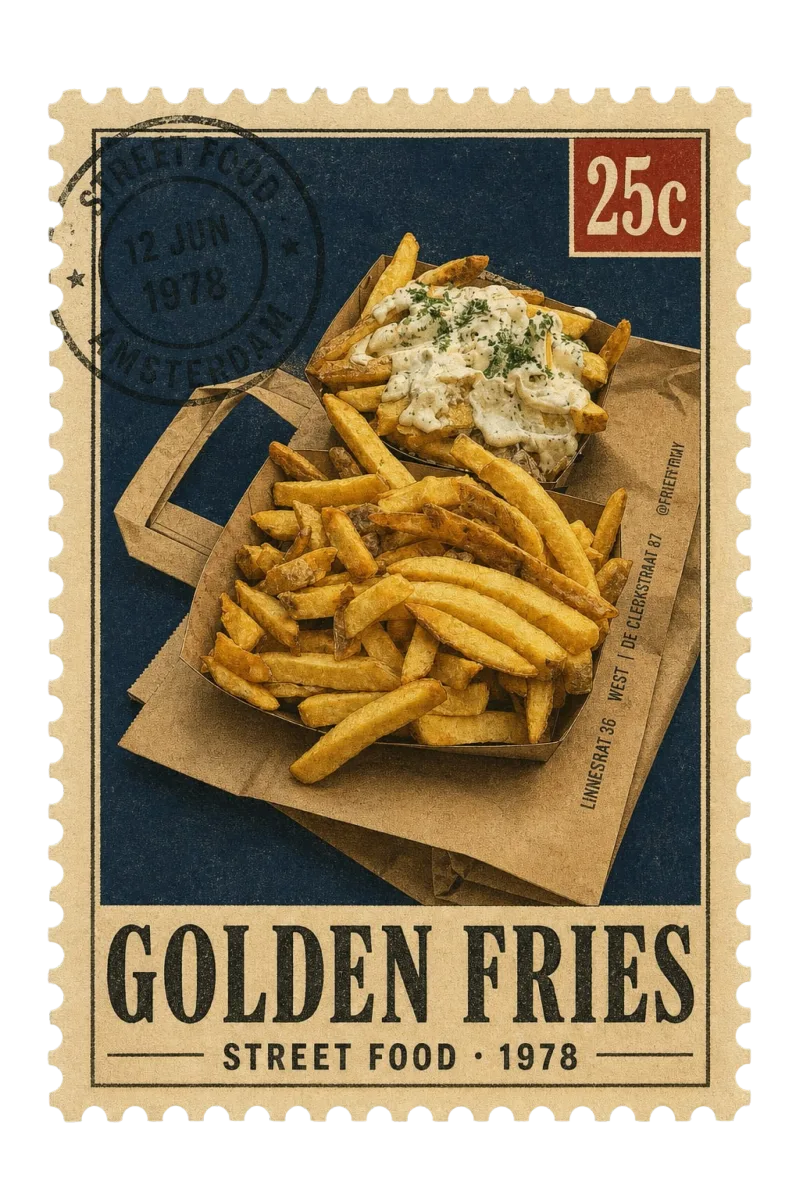Vintage postage stamp of golden fries in a paper cone
