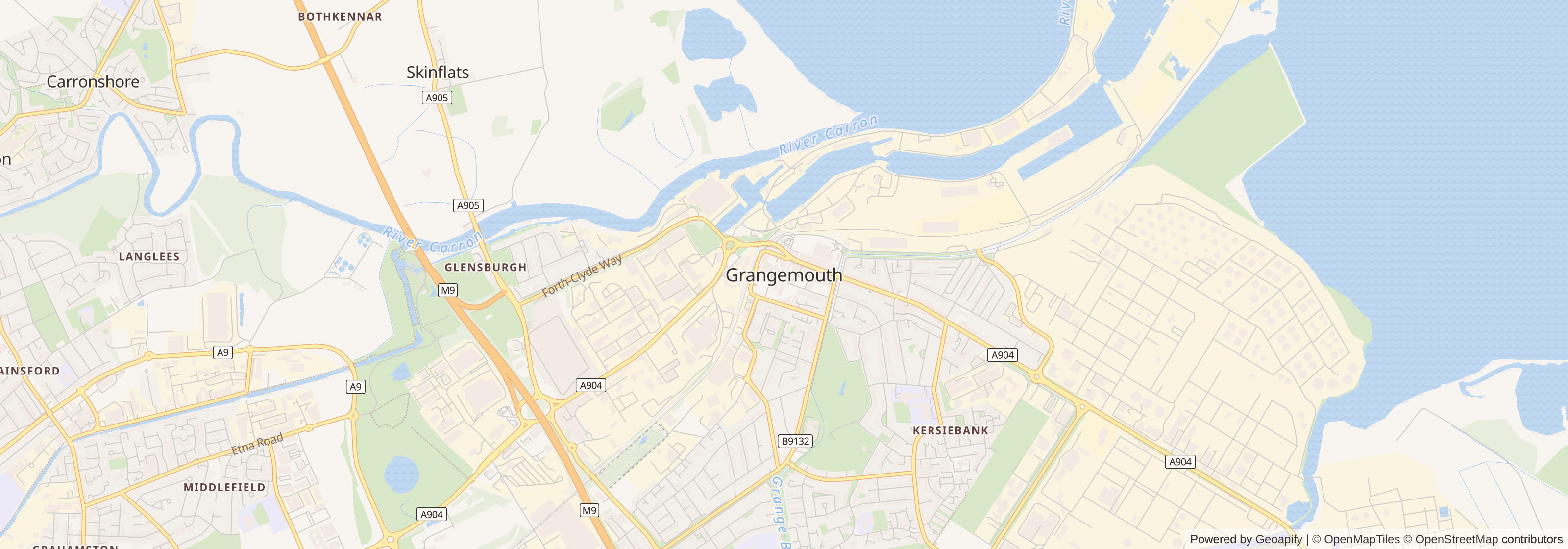 Street map of Grangemouth, Falkirk showing main roads and nearby areas
