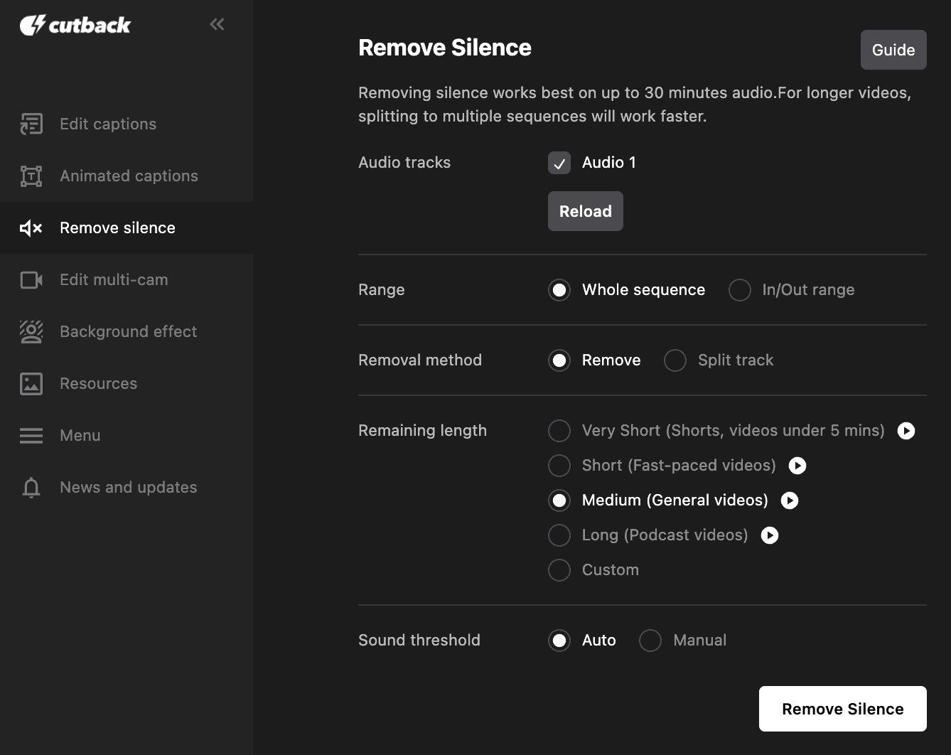 Screenshot of remove silence feature in Cutback