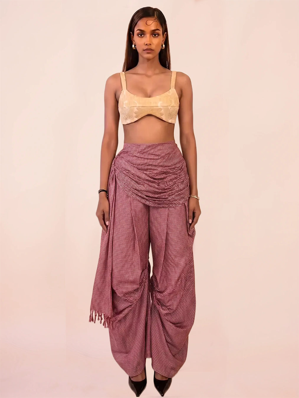 ANTARIYA VII is a one of a kind drape pant, handcrafted in house from repurposed pure silk and saree borders. 