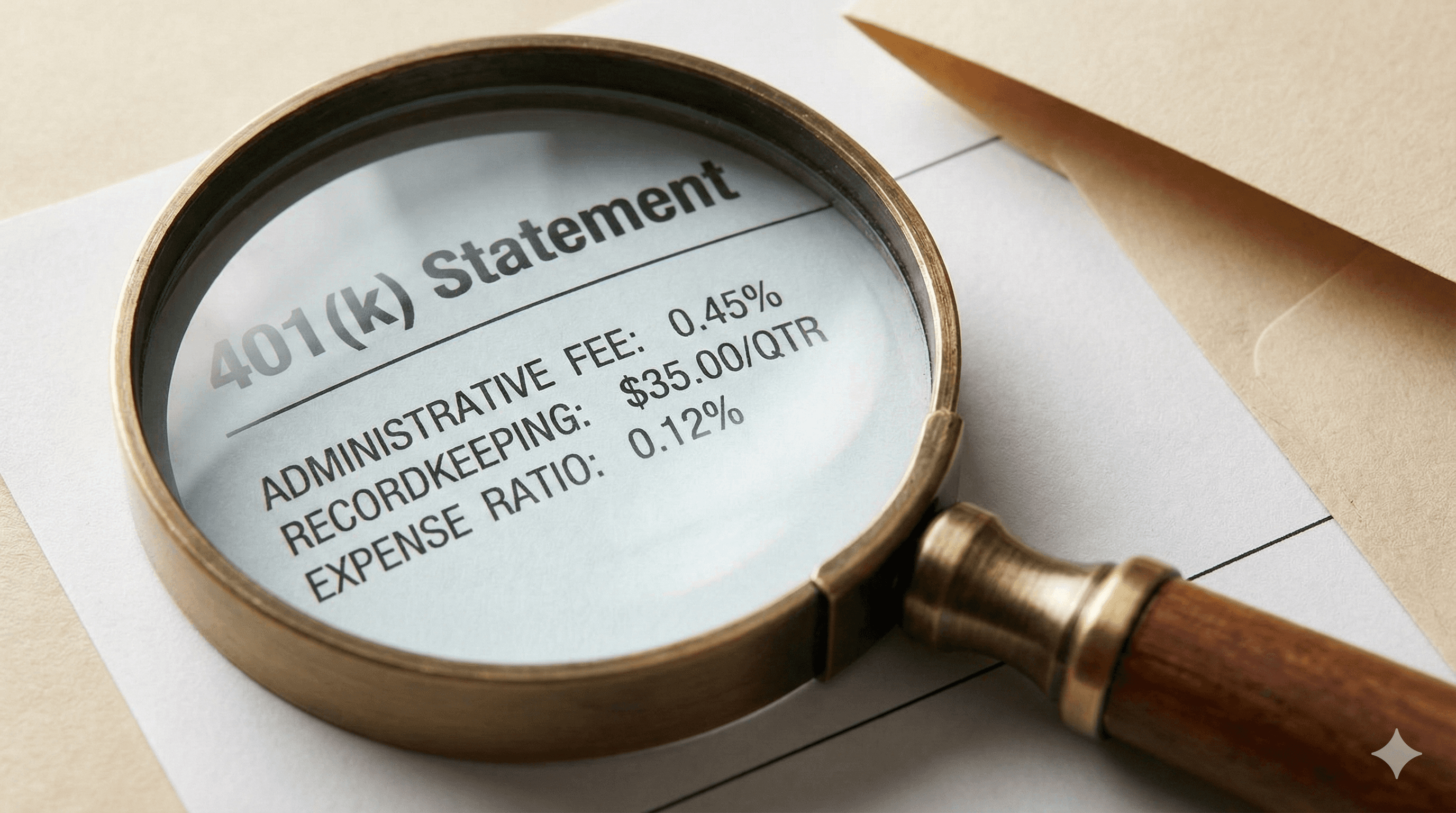 Person examining 401(k) fee disclosure with magnifying glass revealing hidden fee layers