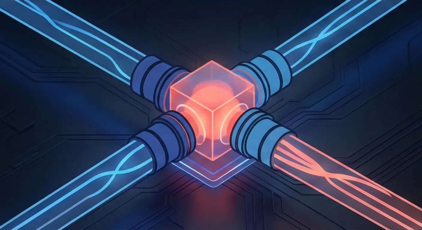 Glowing interactive interface node connecting digital pathways, representing clickable prototypes and no-code demos for investor validation