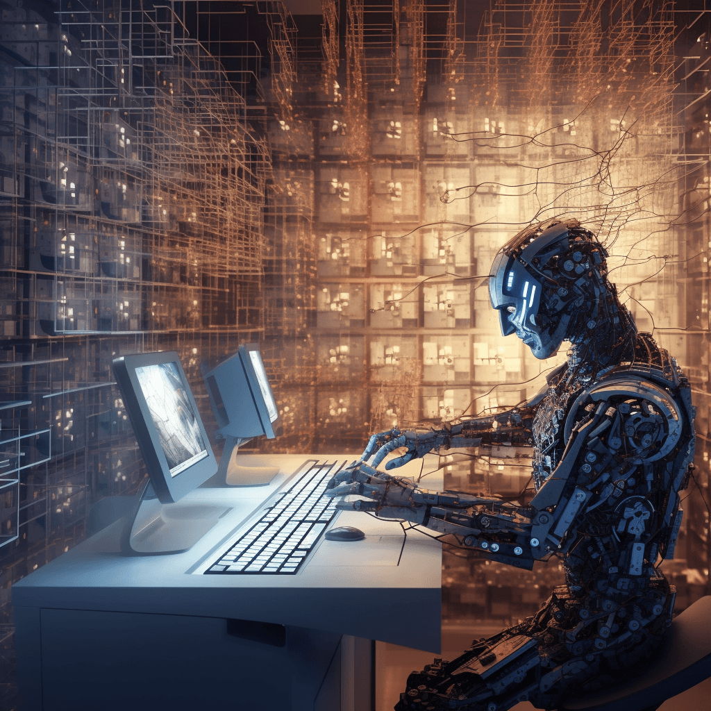 An image of a person working on a computer, with an overlay of neural network patterns.