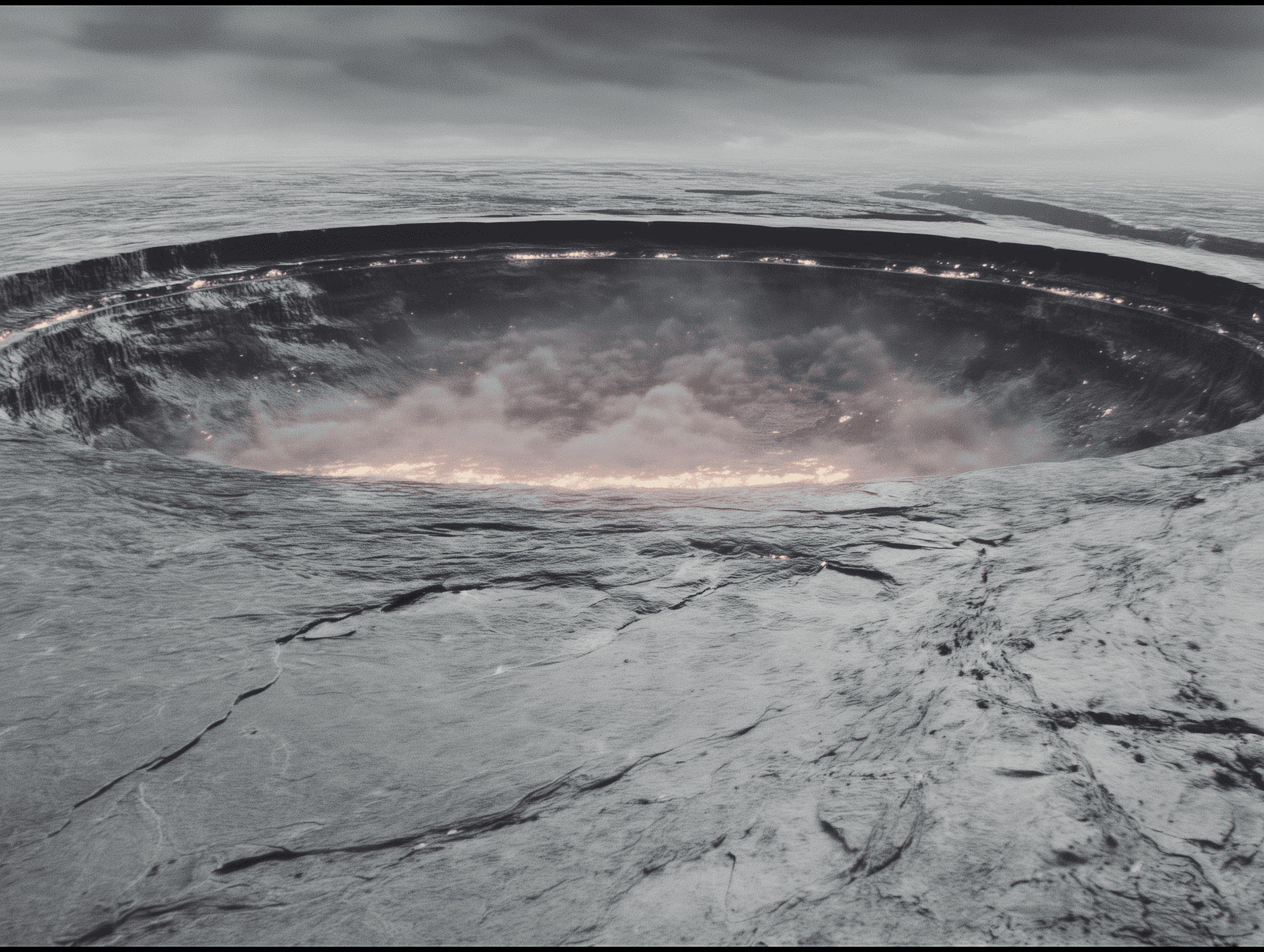 A massive circular crater on an alien landscape glows ominously from within, releasing plumes of smoke and faint light beneath a moody gray sky.