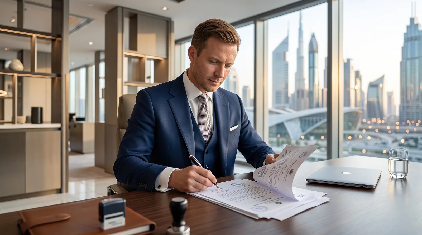 British founder organising attestation documents for a Dubai company at a modern desk