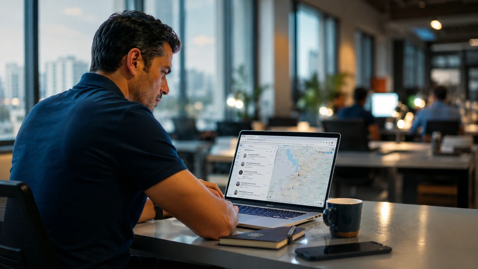 Empresário analisando resultados de SEO local e Google Maps no laptop em escritório moderno em Uberlândia