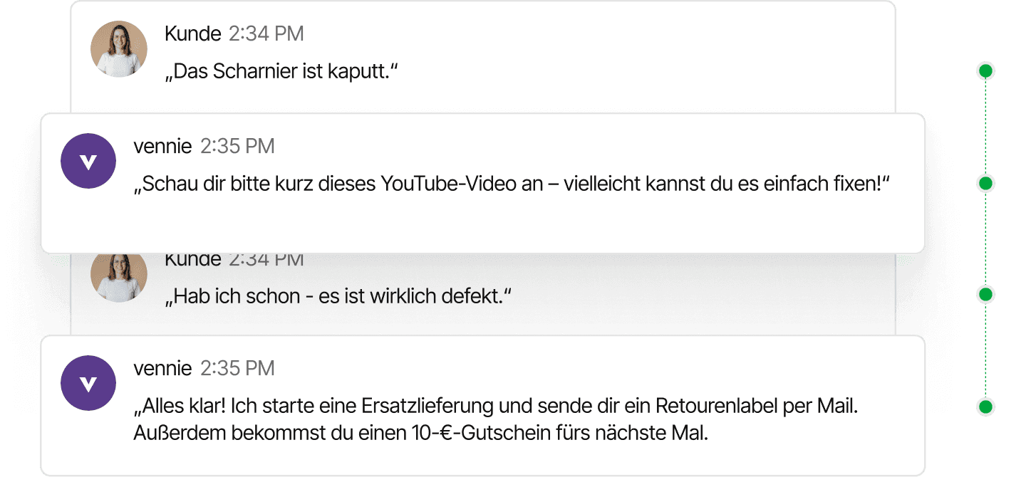 KI-Chatbot vennie schreibt mit Kunden und löst Reklamationen selbstständig.