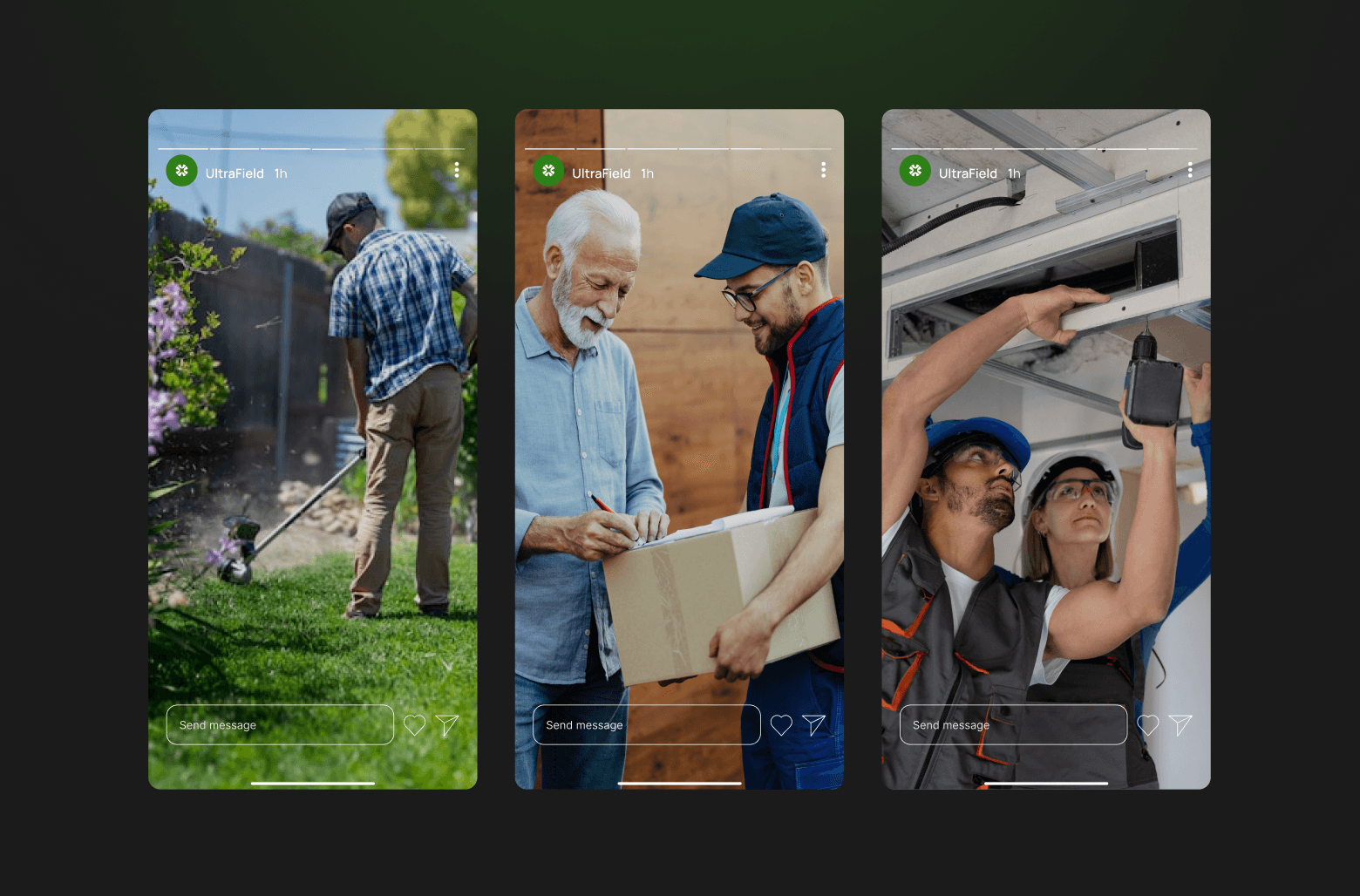 Field service workers performing landscaping, delivery, and HVAC installation representing real-world operations