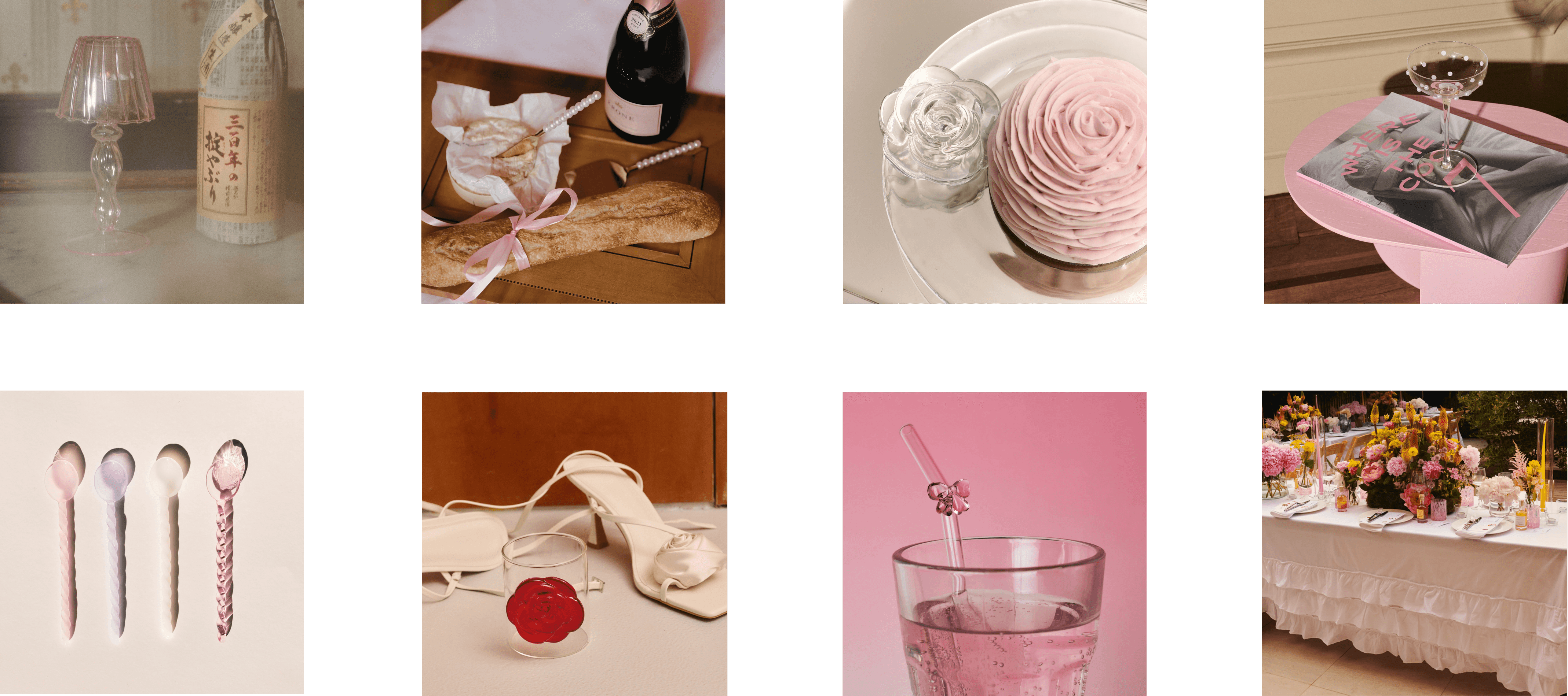 Vue d’ensemble de la variété de produits Lepelclub, comprenant des cuillères colorées, de la verrerie, de la vaisselle décorative, des bougies et des mises en table dans des tons rose doux et élégants.