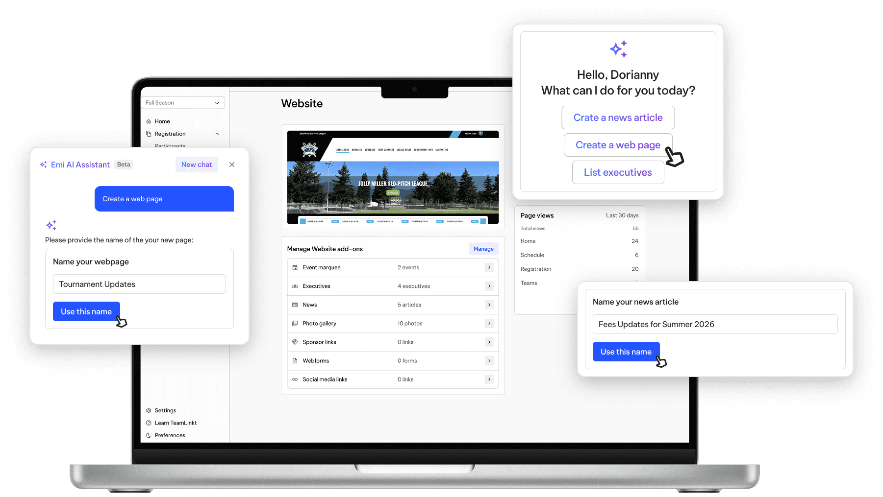 TeamLinkt's Slo-Pitch Website Builder with Emi AI Assistant Tool