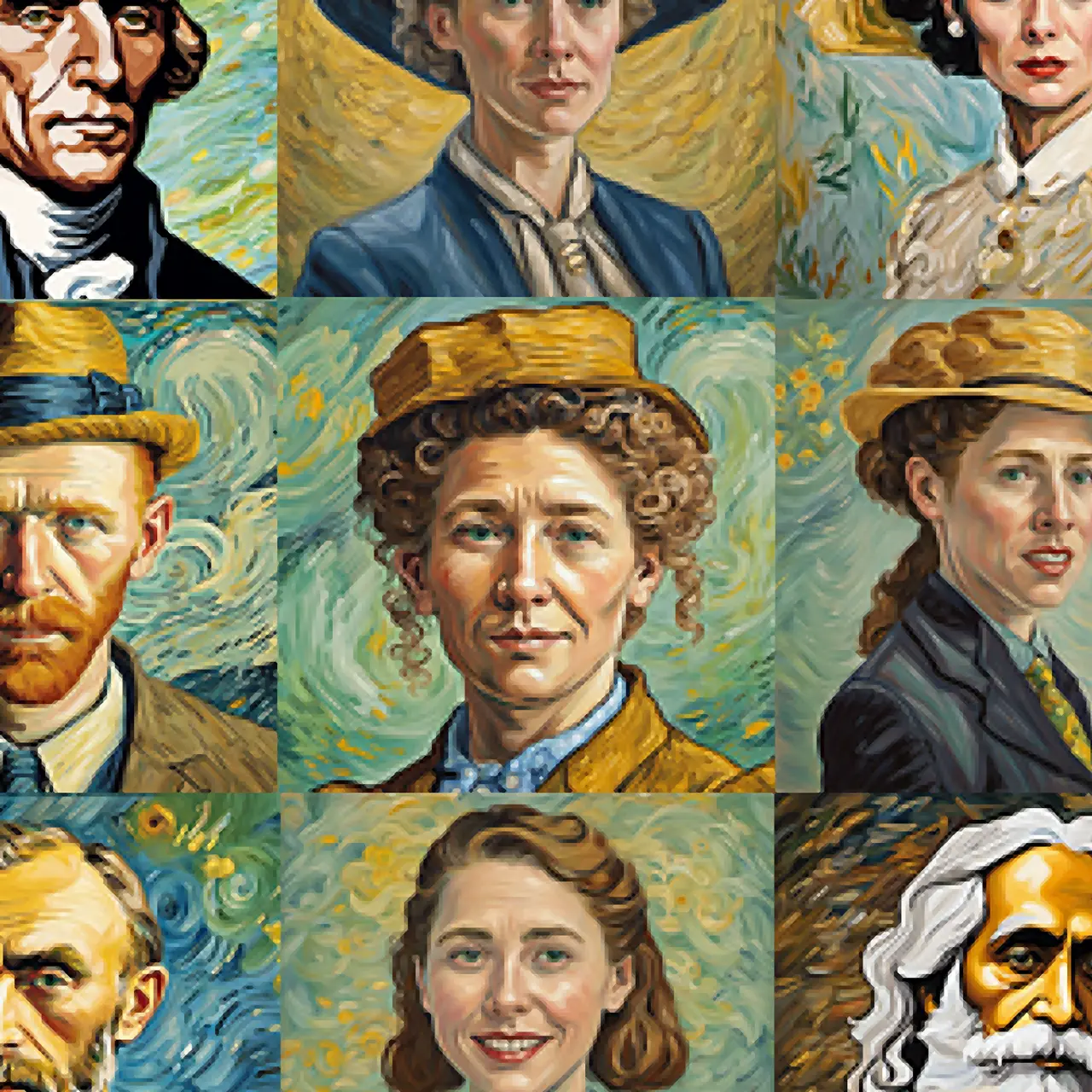 Painting in the style of Van Gogh featuring famous historical figures, characterized by vivid colors and expressive brushstrokes.